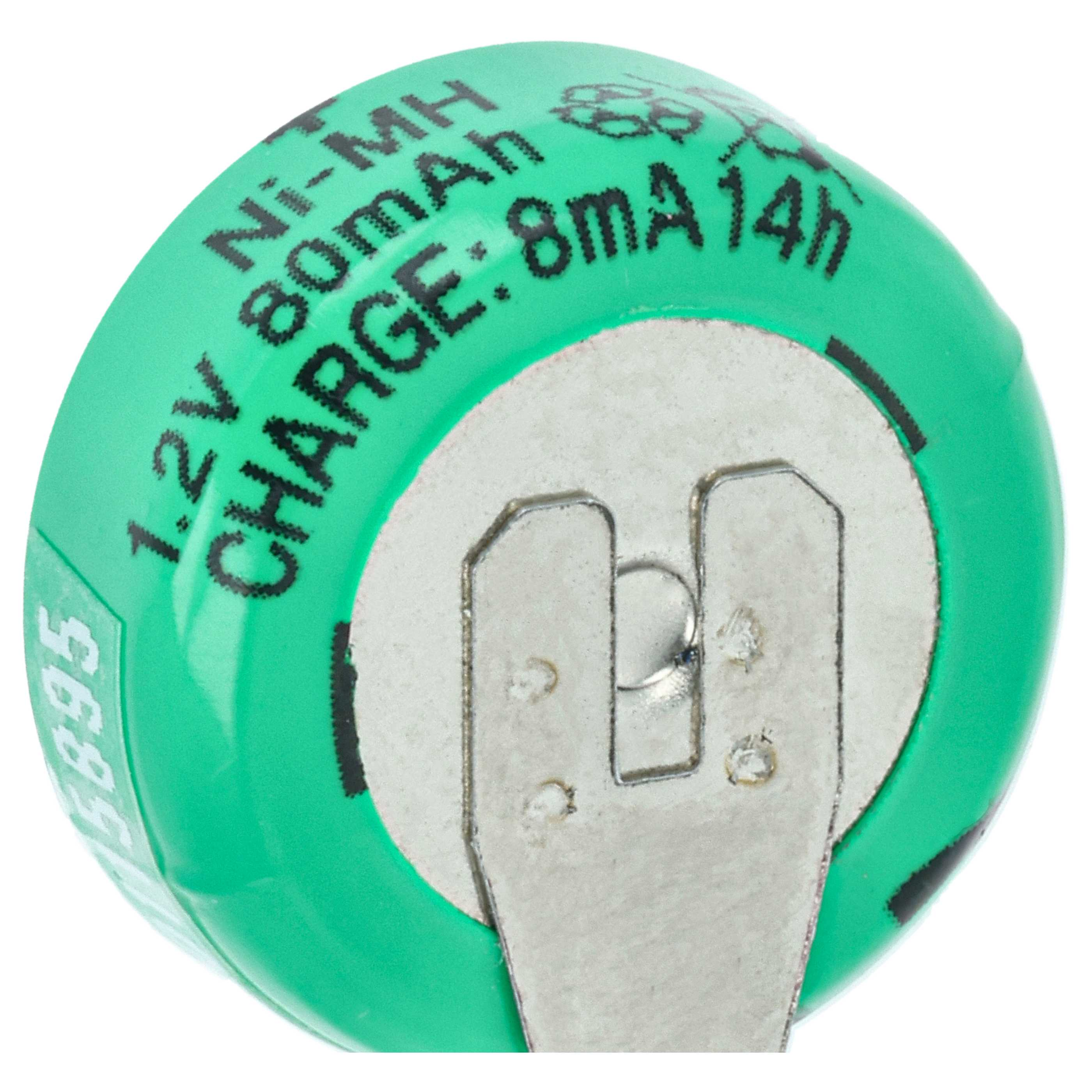 Grüne Knopfzelle mit Metallkontakt und gedruckten Spezifikationen wie 1.2V 80mAh.