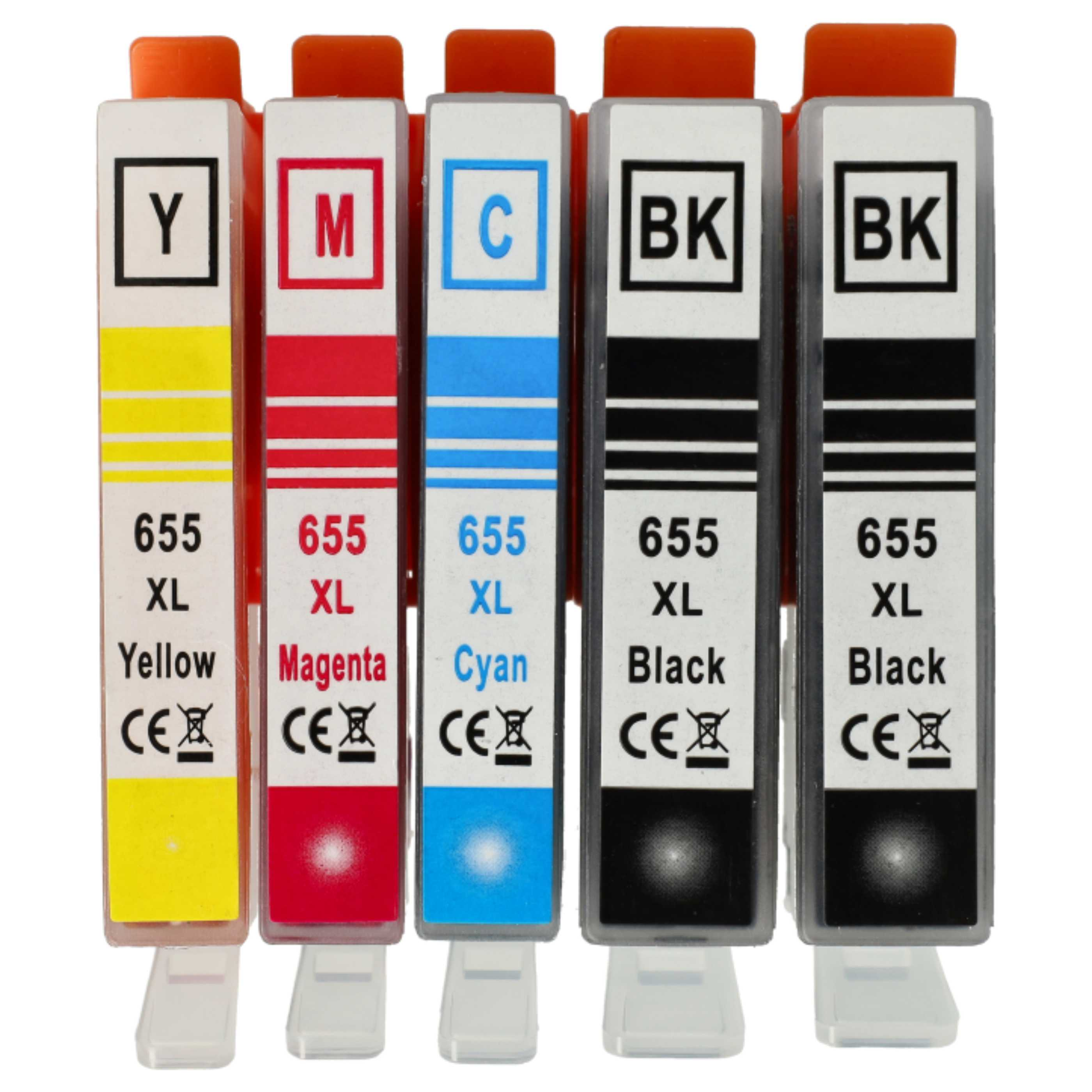 Fünf 655 XL Tintenpatronen: Gelb, Magenta, Cyan und zwei Schwarze, nebeneinander auf weißem Hintergrund.