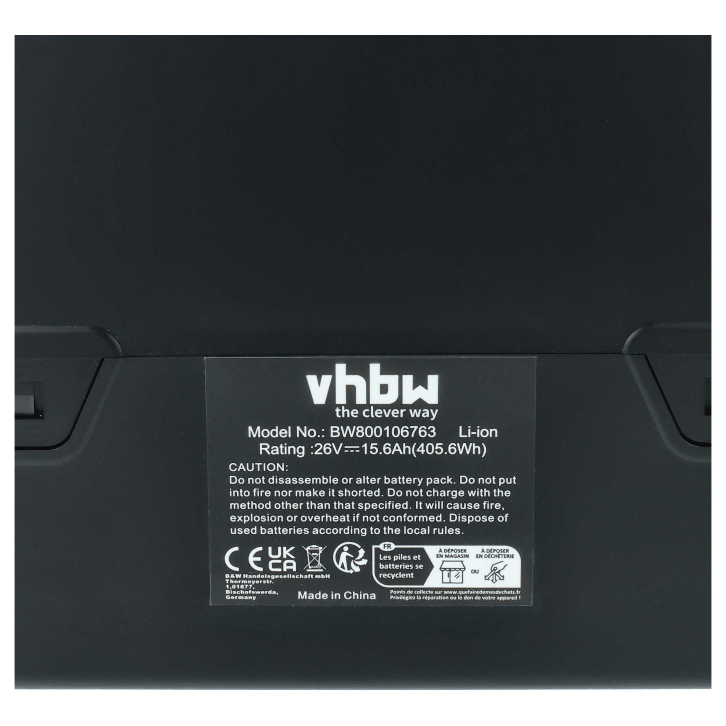 Ein schwarzes Batterieetikett mit vhbw-Logo, Modellnummer, Leistung, Sicherheitshinweisen und Recyclingsymbolen.
