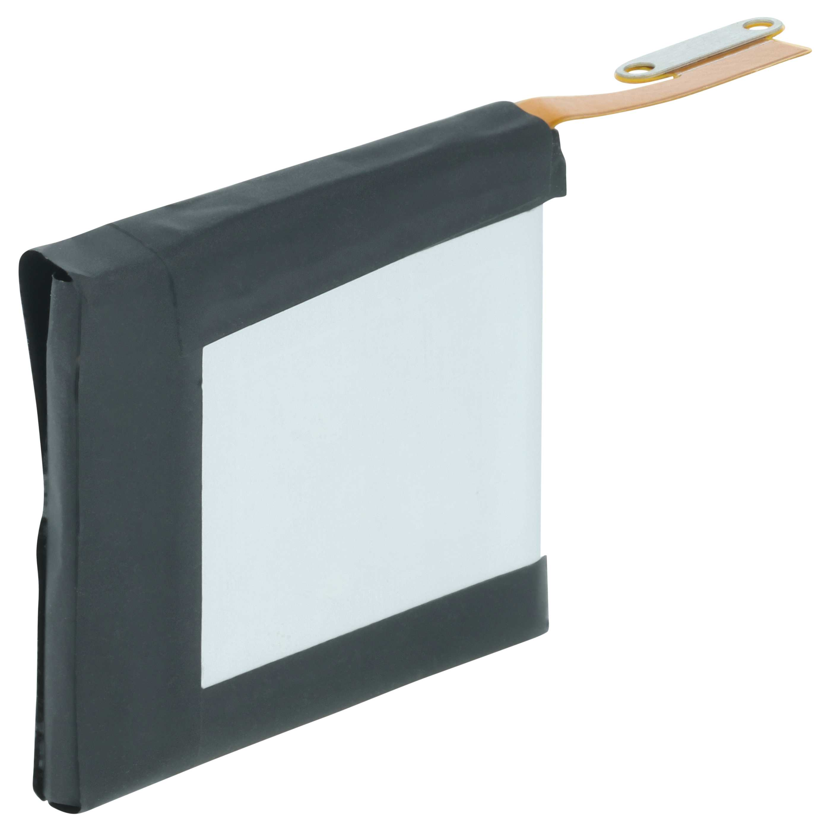 Flacher schwarzer Lithium-Ionen-Akku mit einem kleinen orangefarbenen Flachbandkabel und Steckverbinder.