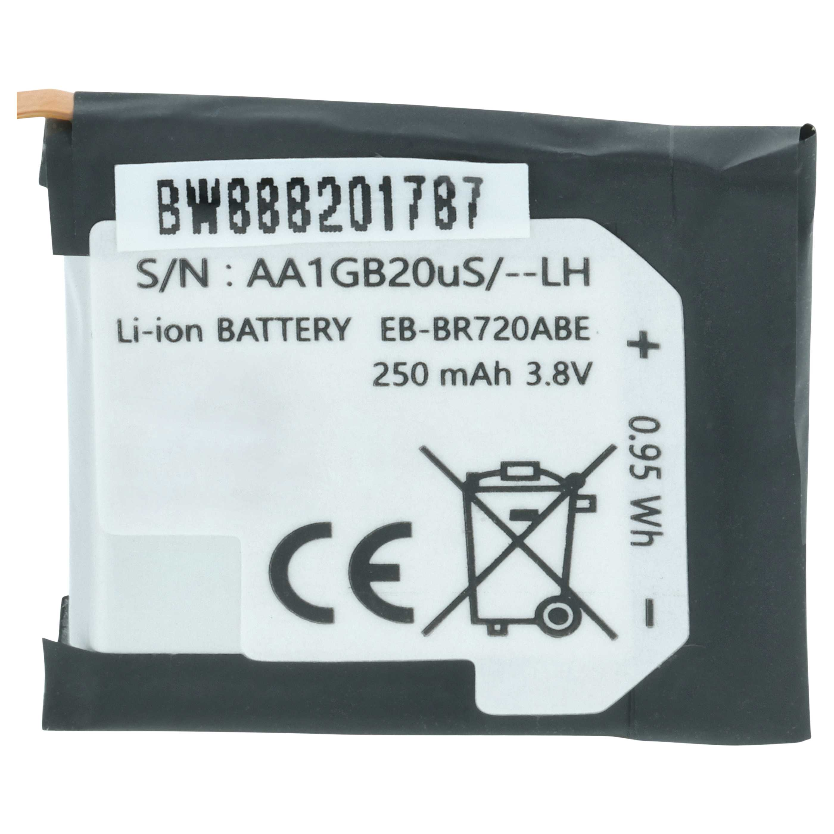 Schwarzer Lithium-Ionen-Akku mit weißem Etikett mit technischen Daten und CE-Zeichen.