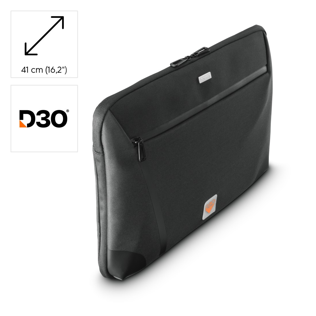 Czarne etui na laptopa z zamkiem błyskawicznym, przednią kieszenią i logo D3O na białym tle.