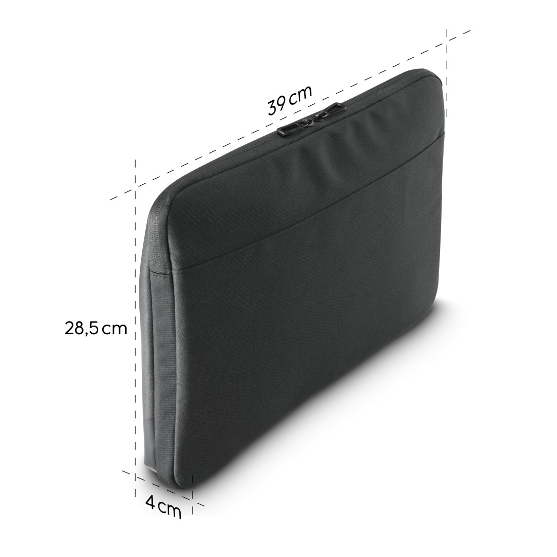 Schwarze Laptoptasche mit Maßangaben von 39x28,5x4 cm auf weißem Hintergrund.