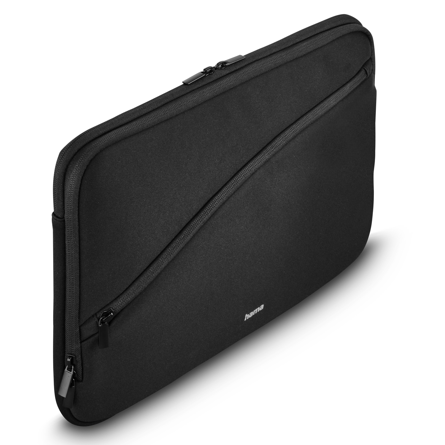 Czarne etui na laptopa z zamkiem błyskawicznym i logo Hama na białym tle.