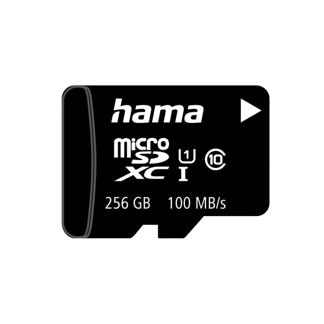 Czarna karta pamięci microSDXC Hama o pojemności 256 GB i prędkości 100 MB/s.