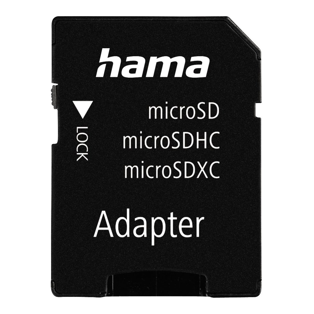 Czarny adapter microSD Hama z białym tekstem i przełącznikiem blokady z boku.