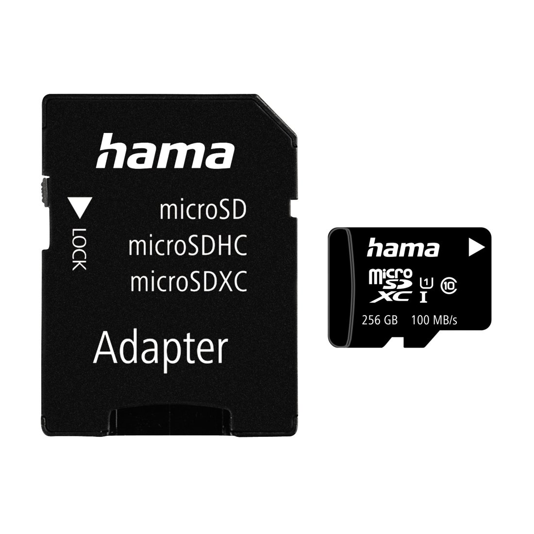 Czarny adapter kart SD Hama i karta pamięci microSDXC Hama 256 GB na białym tle.