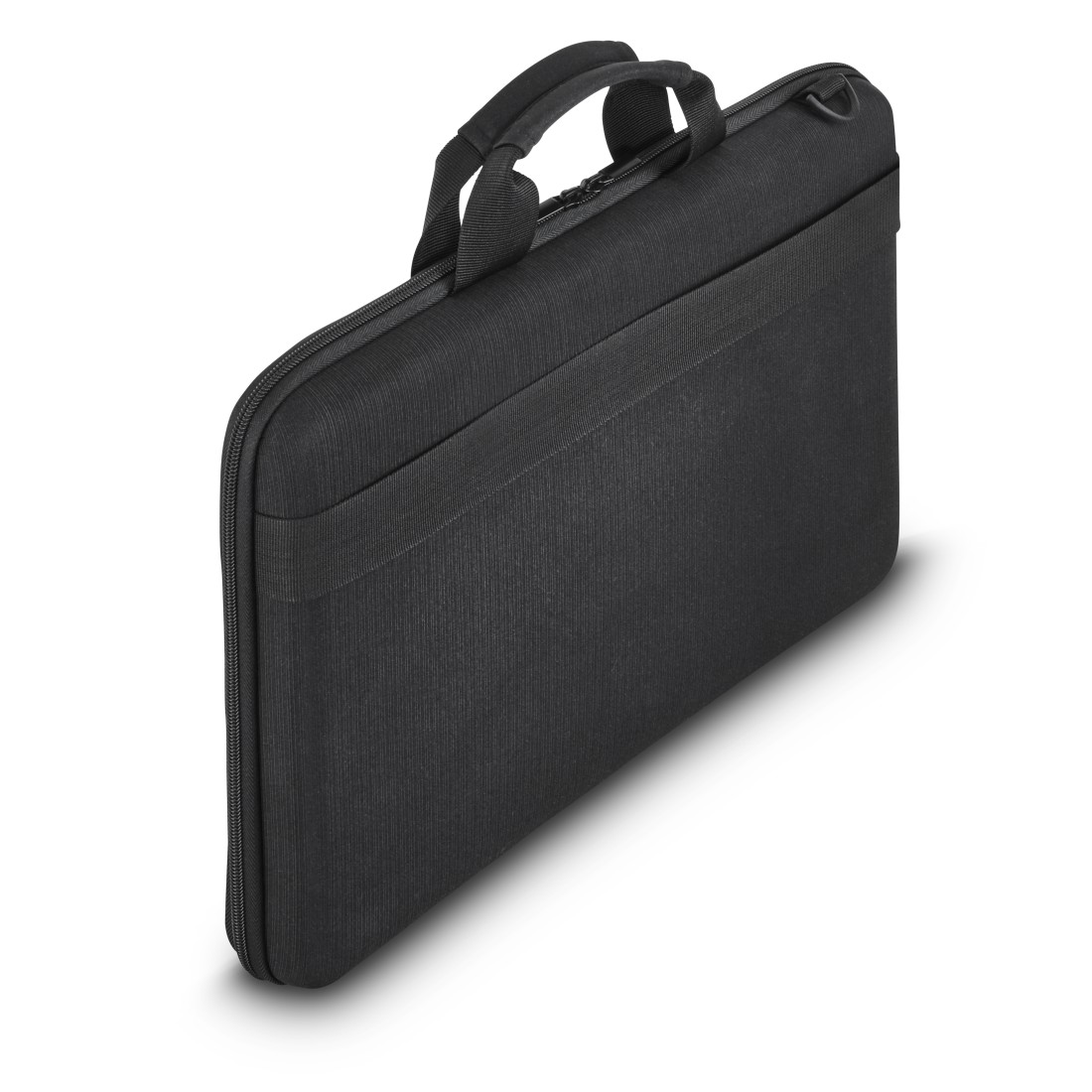 Elegancka czarna torba na laptopa z uchwytami i zamkiem błyskawicznym na białym tle.