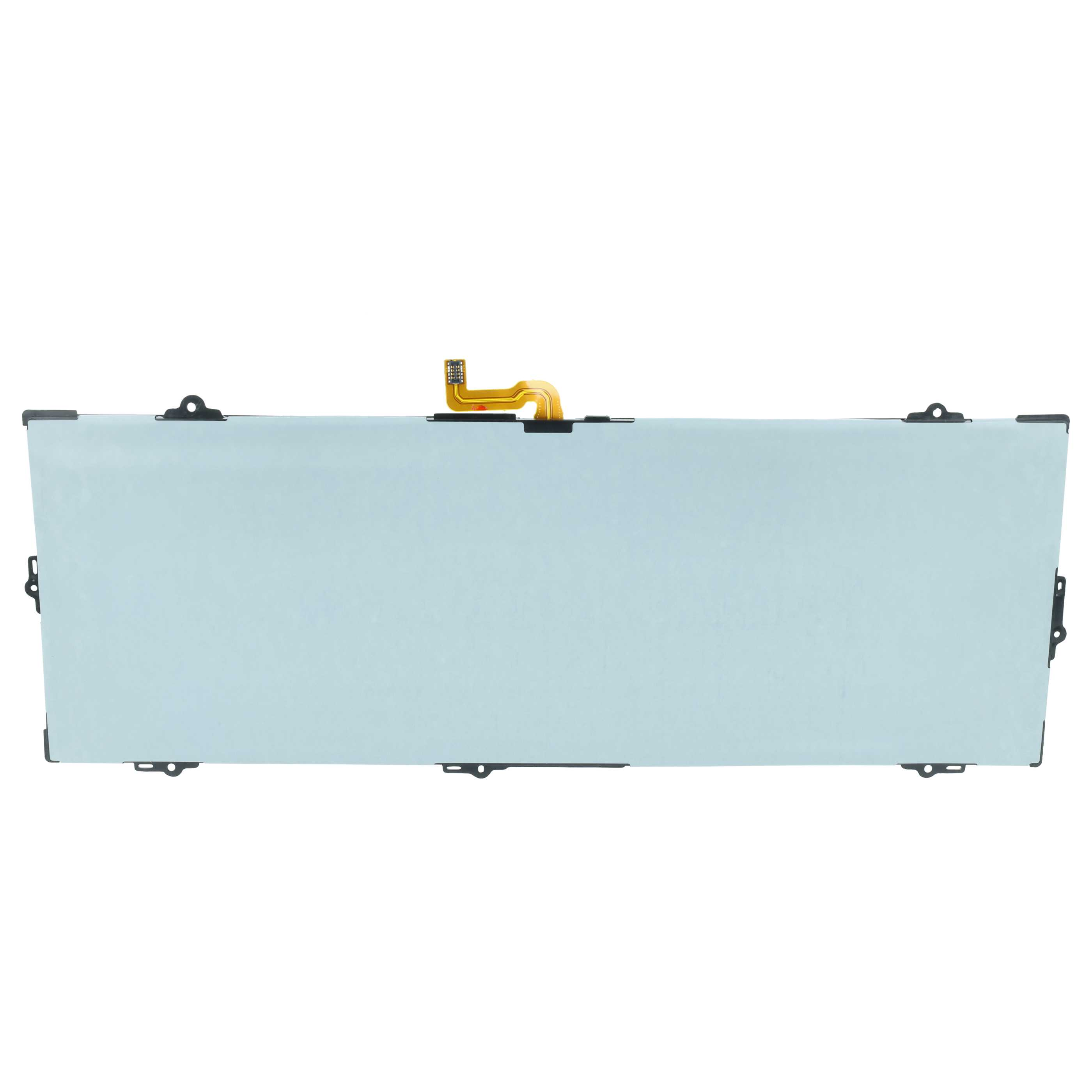 Eine rechteckige Laptop-Batterie mit einer hellblauen Schutzfolie und einem orangefarbenen Flachbandkabel oben.