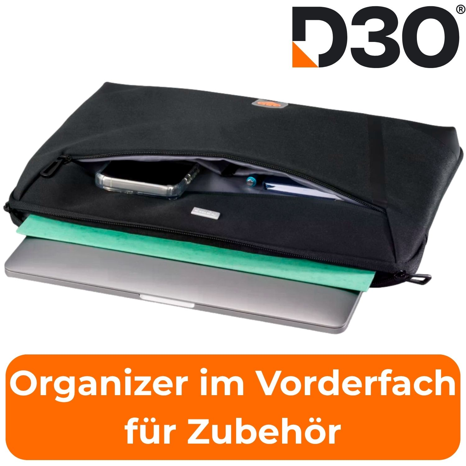 Schwarze Laptoptasche mit offenem Fach, gefüllt mit einem Smartphone und Notizen, sowie einem Laptop unten.
