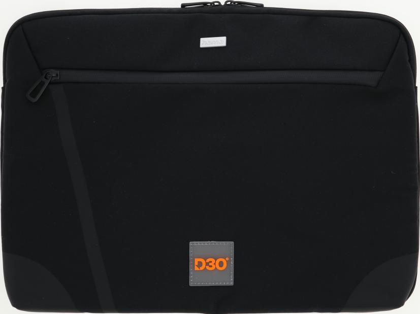 Eine schwarze Laptoptasche mit Fronttasche, Markenlogo oben und einem orangen D3O-Logo unten.