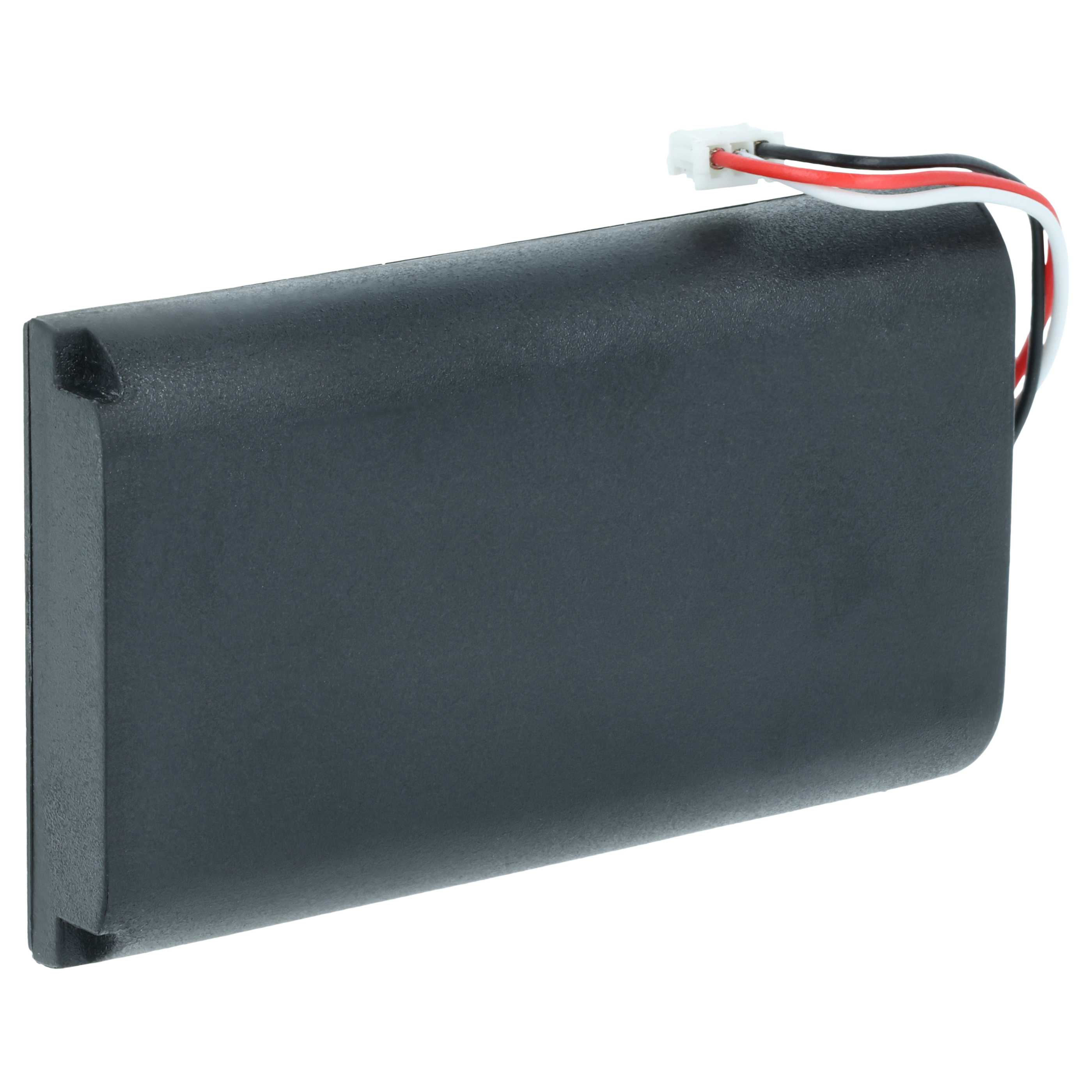 Eine rechteckige, schwarze Batterie mit roten, weißen und schwarzen Drähten, die an einen kleinen weißen Stecker angeschlossen sind.