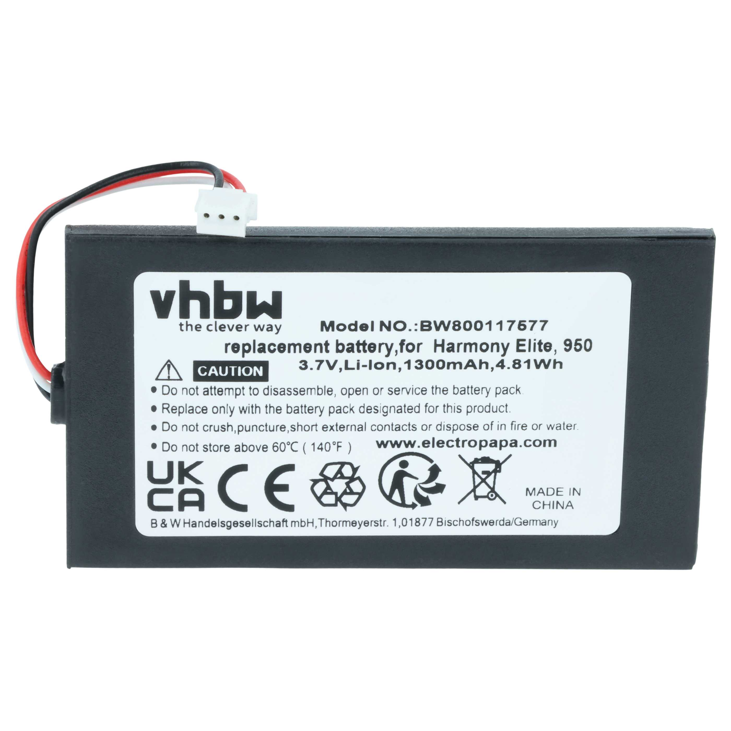 Schwarzer VHBW-Ersatzakku mit weißem Aufkleber, Warnungen und Kabel mit Stecker.
