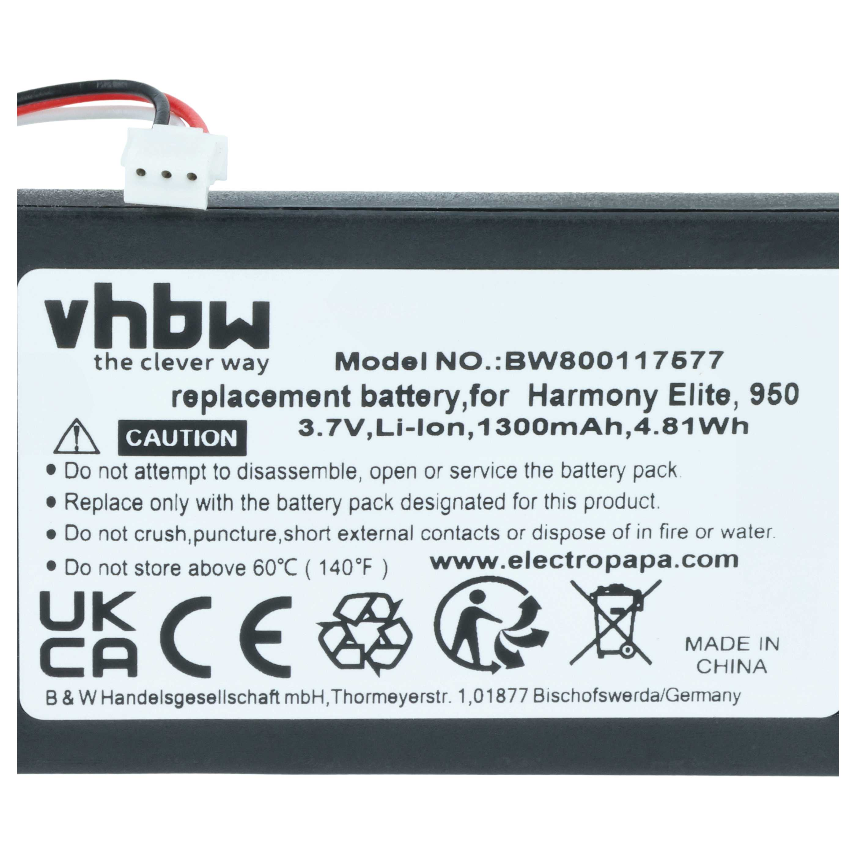 Label einer vhbw Ersatzakku mit Warnhinweisen und technischen Daten.