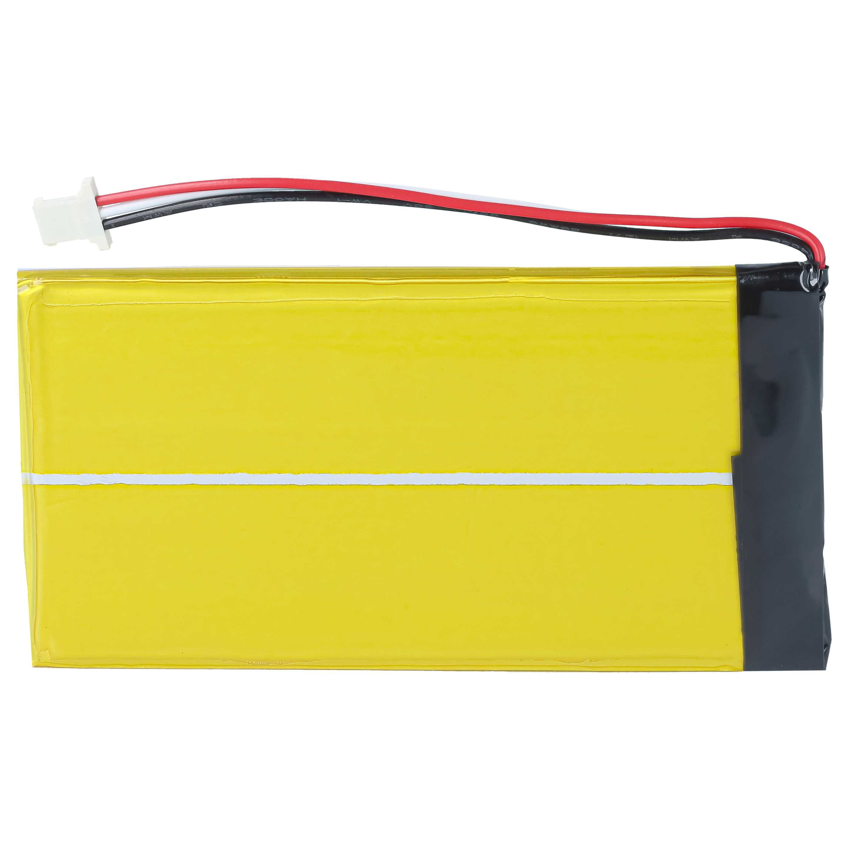 Eine rechteckige, gelbe Lithium-Polymer-Batterie mit einem weiß-rot-schwarzen Kabelbaum und weißem Stecker.