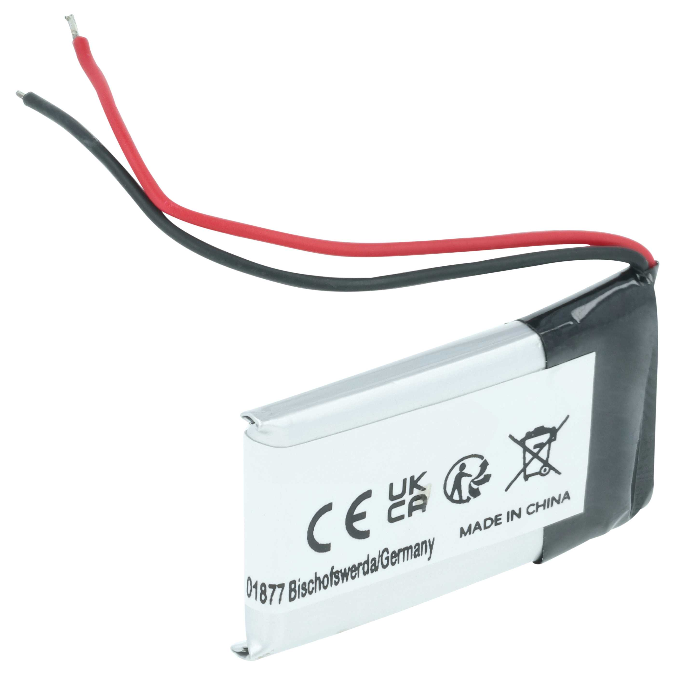 Kleiner LiPo-Akku mit roten und schwarzen Kabeln und gedruckten Zertifizierungssymbolen auf weißem Hintergrund.