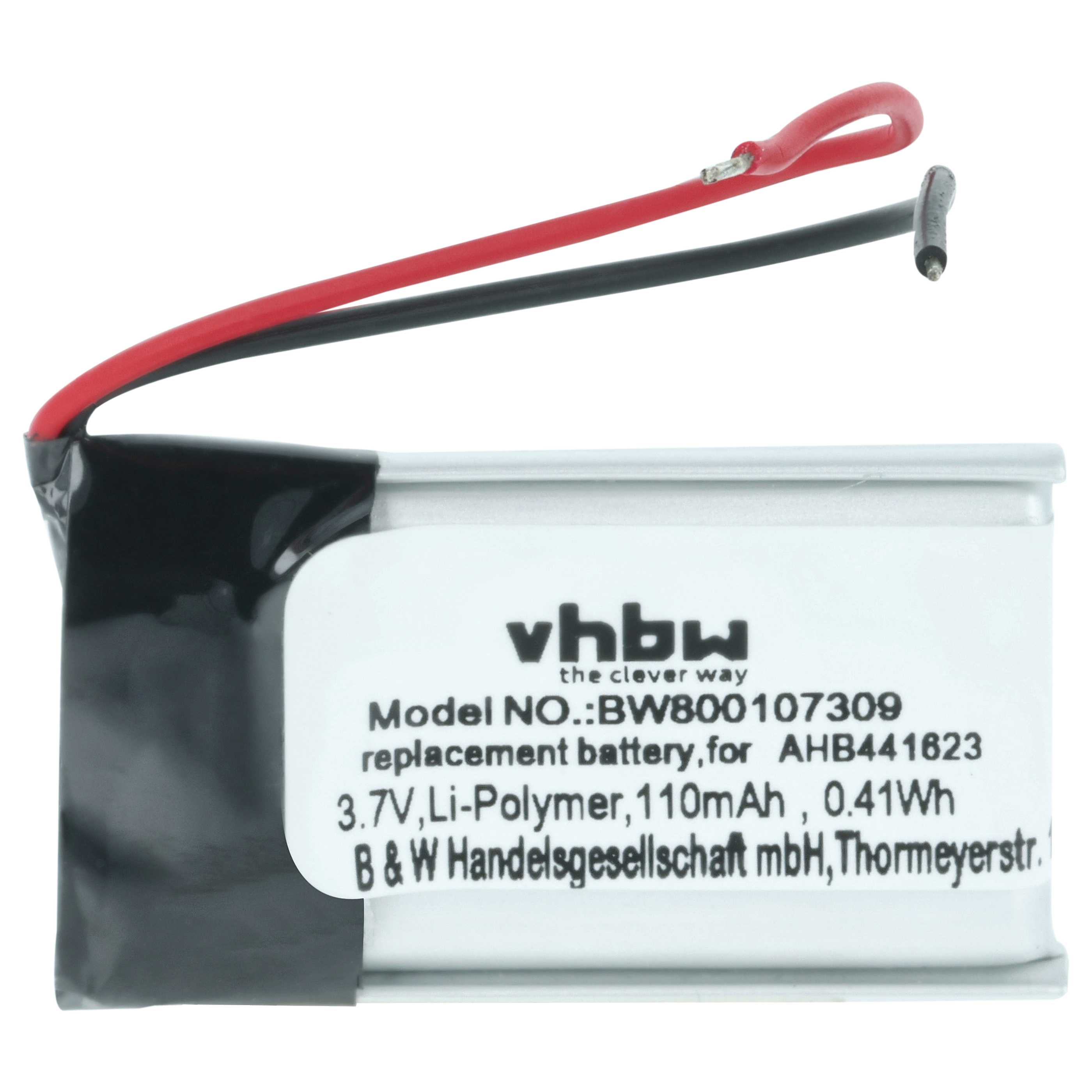 Kleiner Li-Polymer-Akku mit rotem und schwarzem Kabel sowie Vhbw-Etikett auf silbernem Gehäuse.