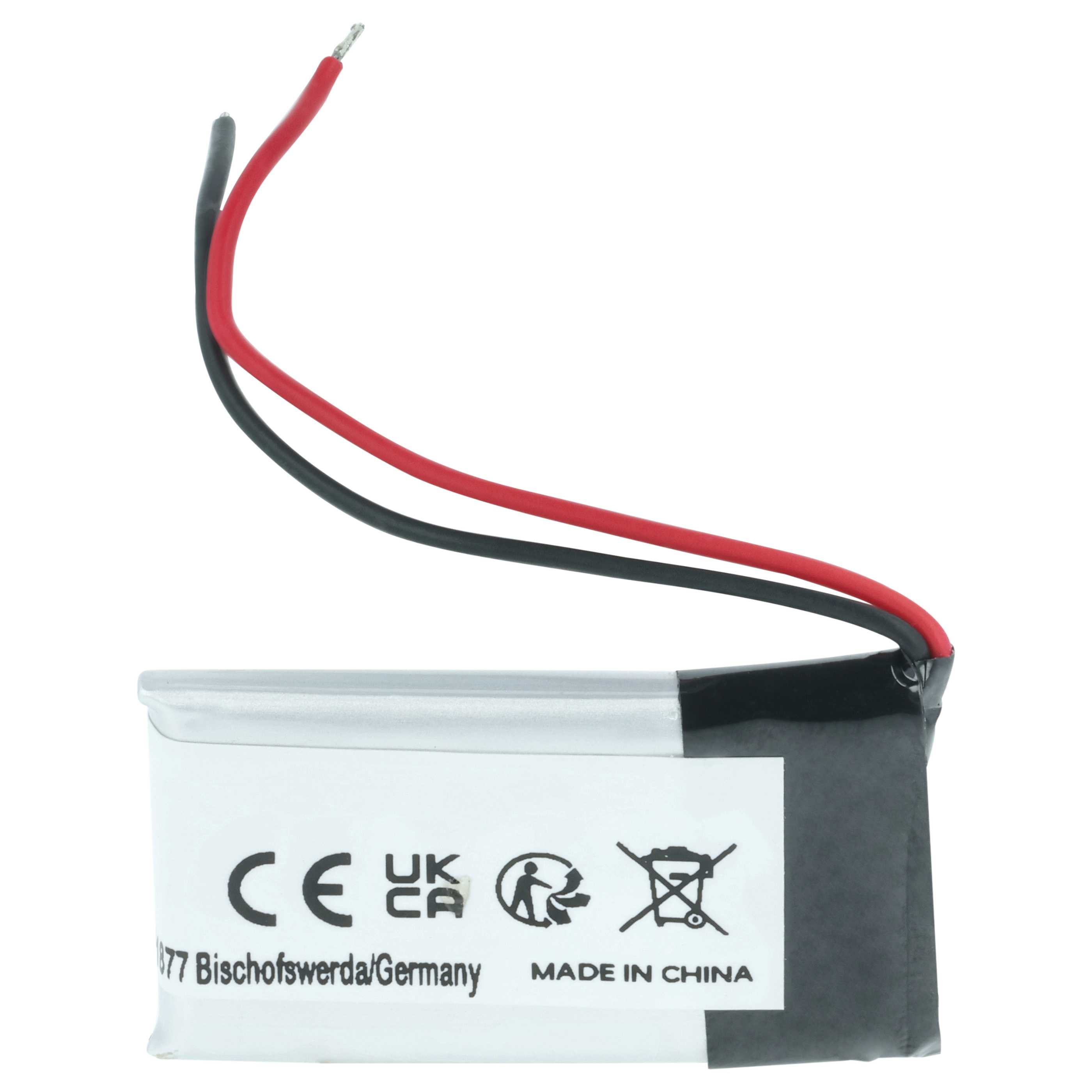 Eine kleine Lithium-Batterie mit rotem und schwarzem Kabel auf weißem Hintergrund.
