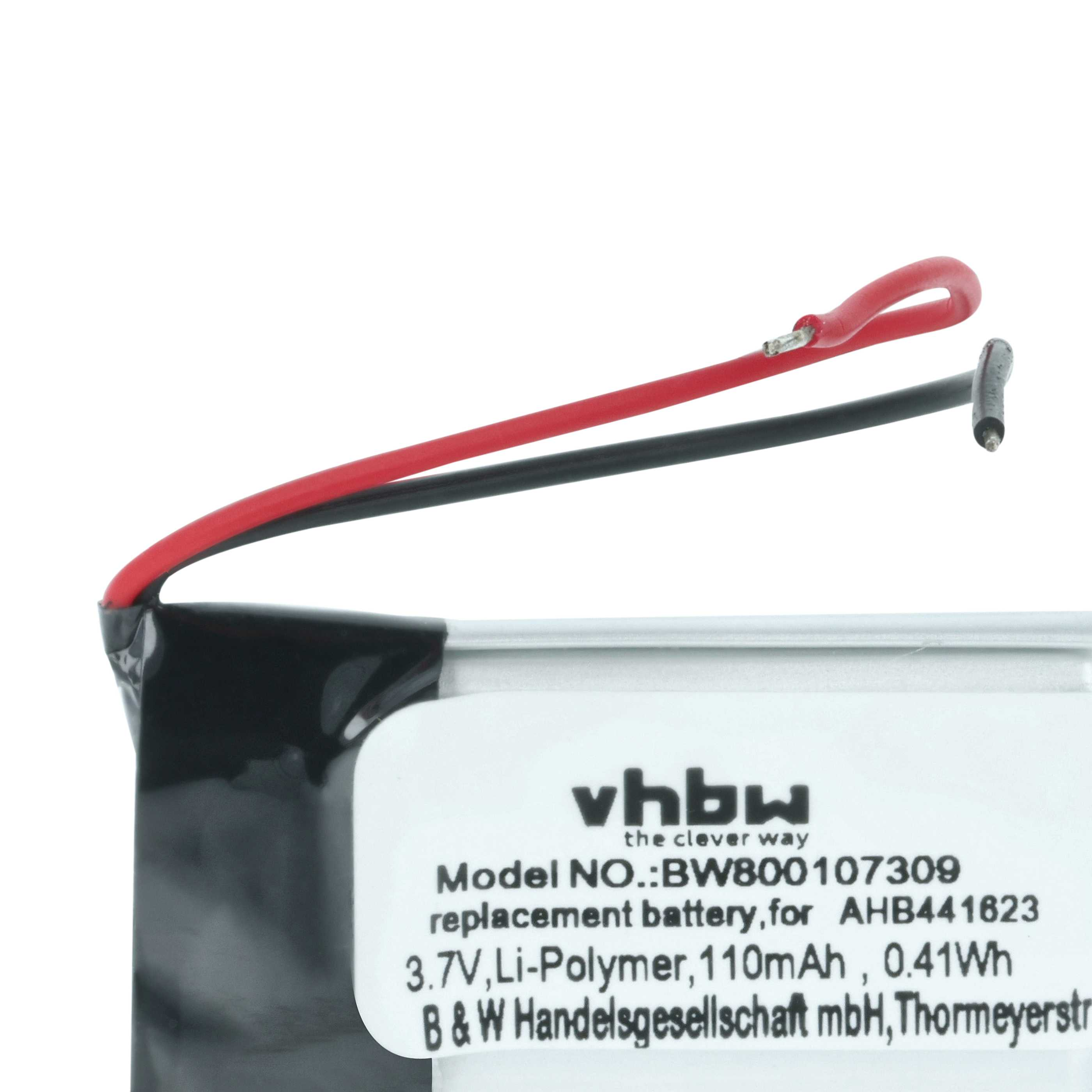 Ein vhbw Ersatzakku mit rotem und schwarzem Kabel auf weißem Hintergrund.