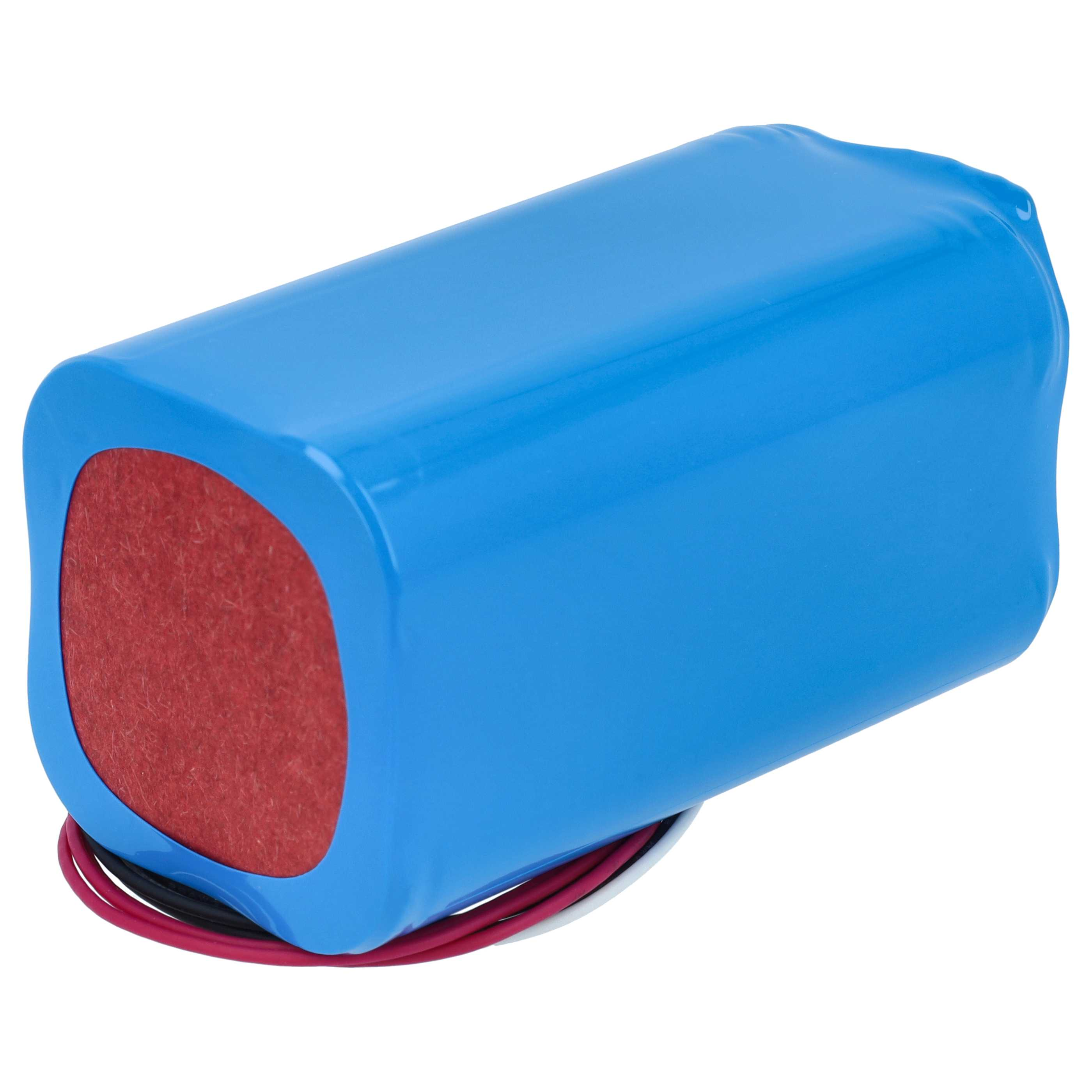 Ein blauer Lithium-Ionen-Akku mit roten und schwarzen Kabeln auf weißem Hintergrund.