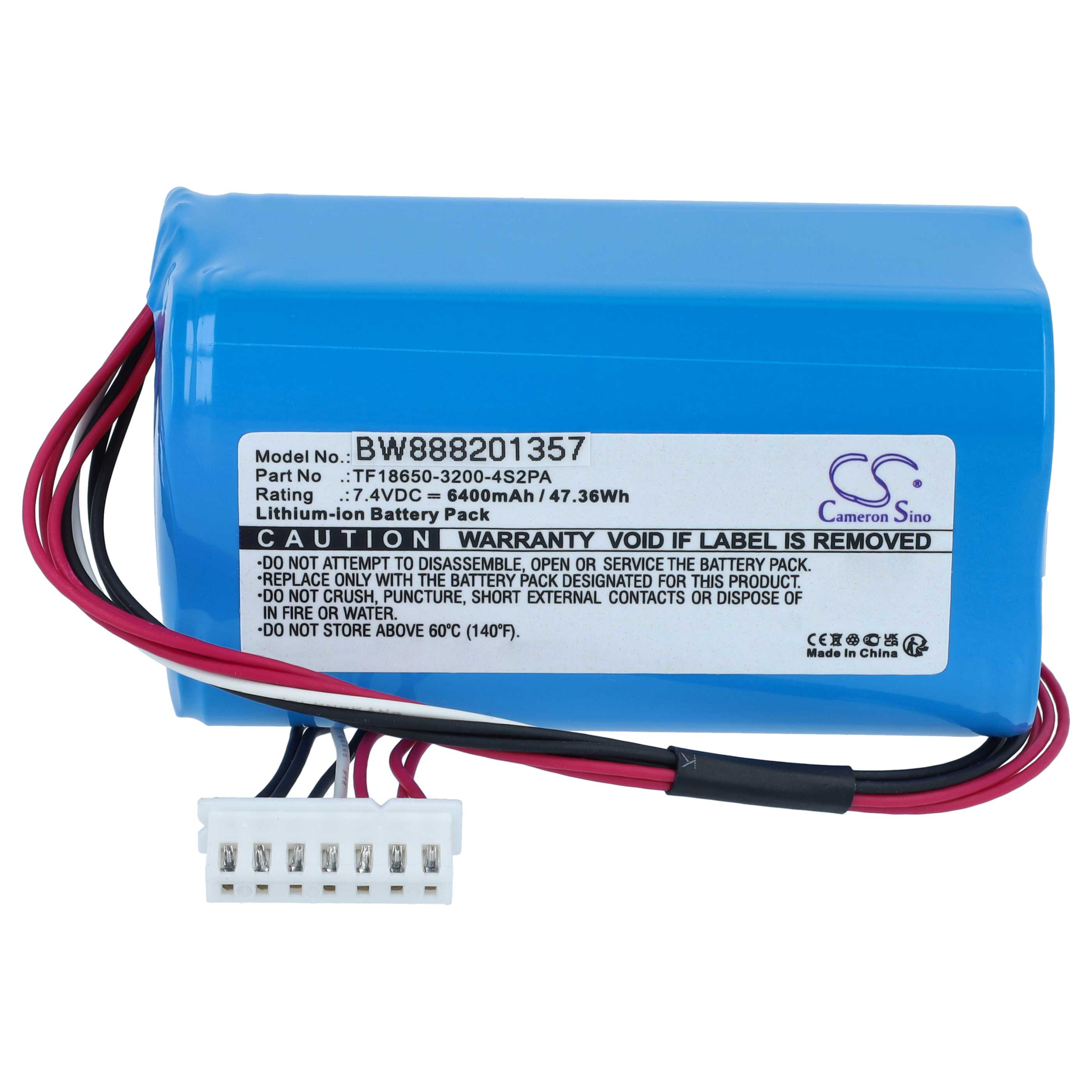 Ein blauer Lithium-Ionen-Akku mit Warnhinweisen auf einem Etikett und einem angeschlossenen weißen Stecker.