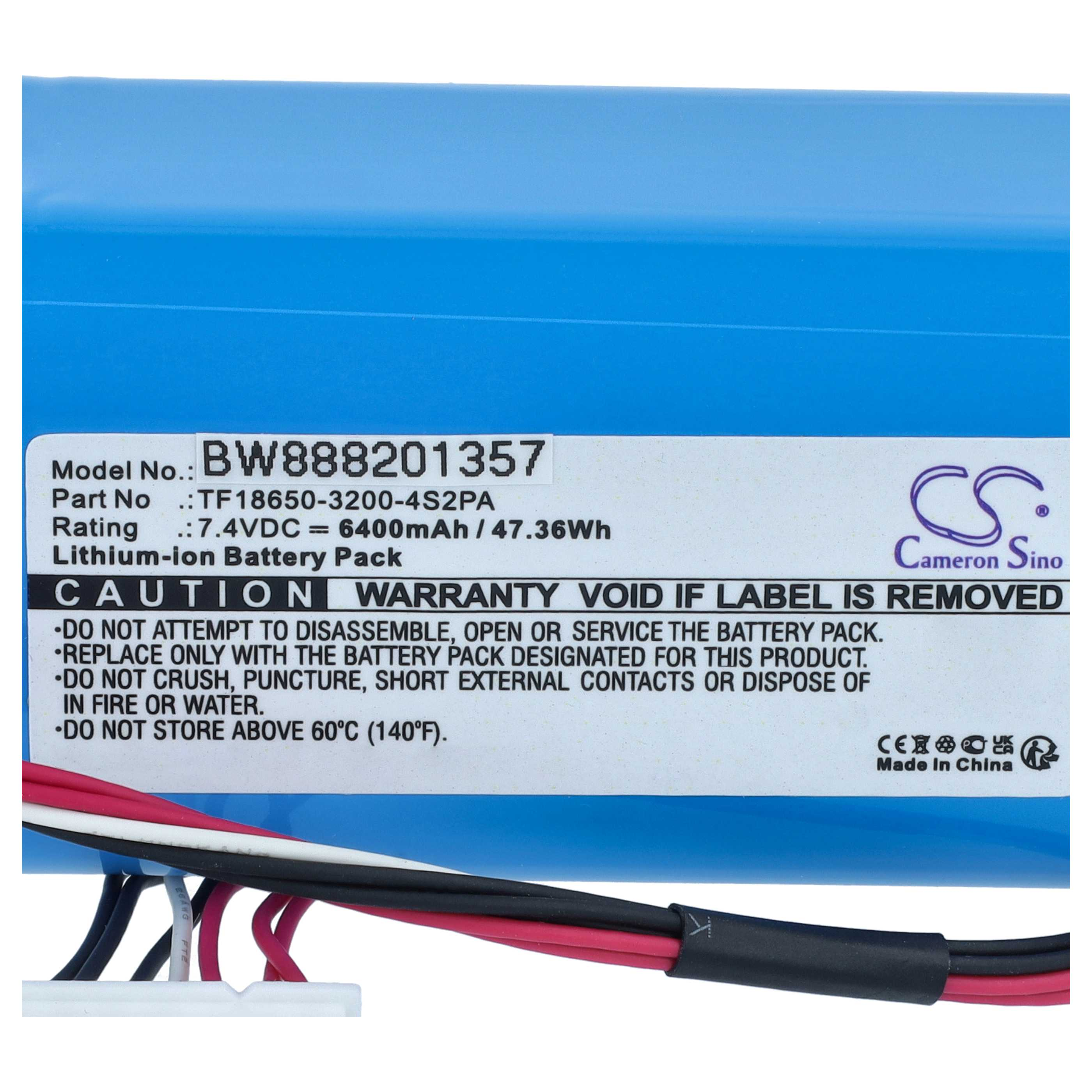 Etikett auf einem blauen Lithium-Ionen-Akkupack mit Modellnummer, technischen Daten und Warnhinweisen.