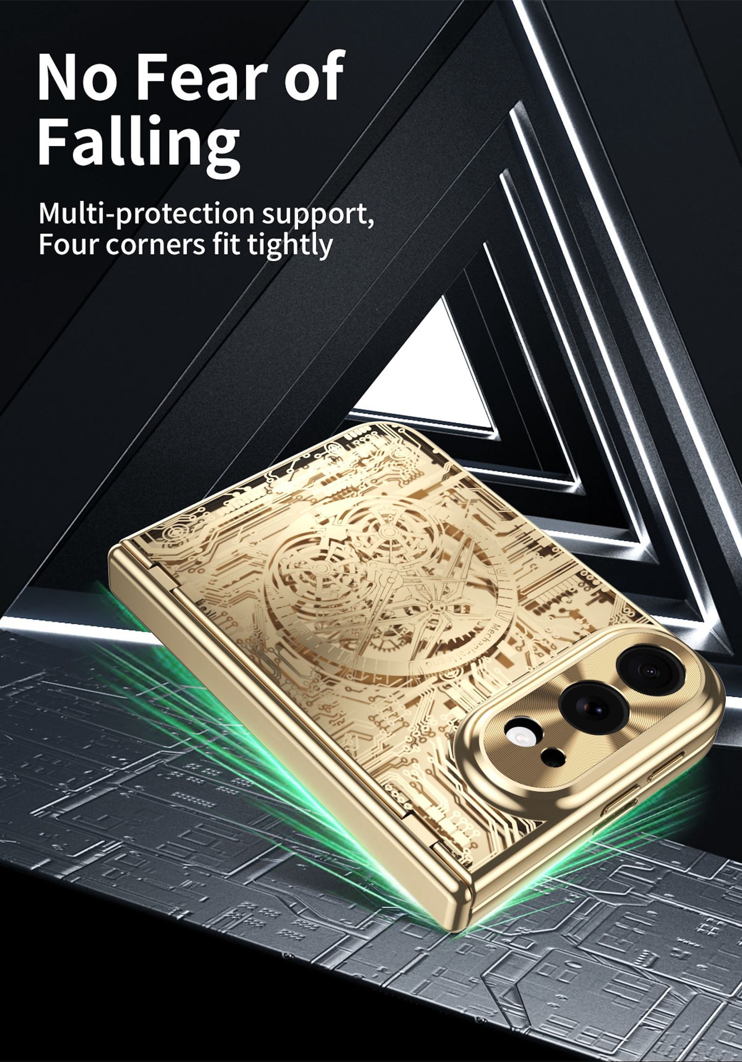 Goldenes Falttelefon mit kompliziertem Zahnraddesign auf einer dunklen, futuristischen Oberfläche.