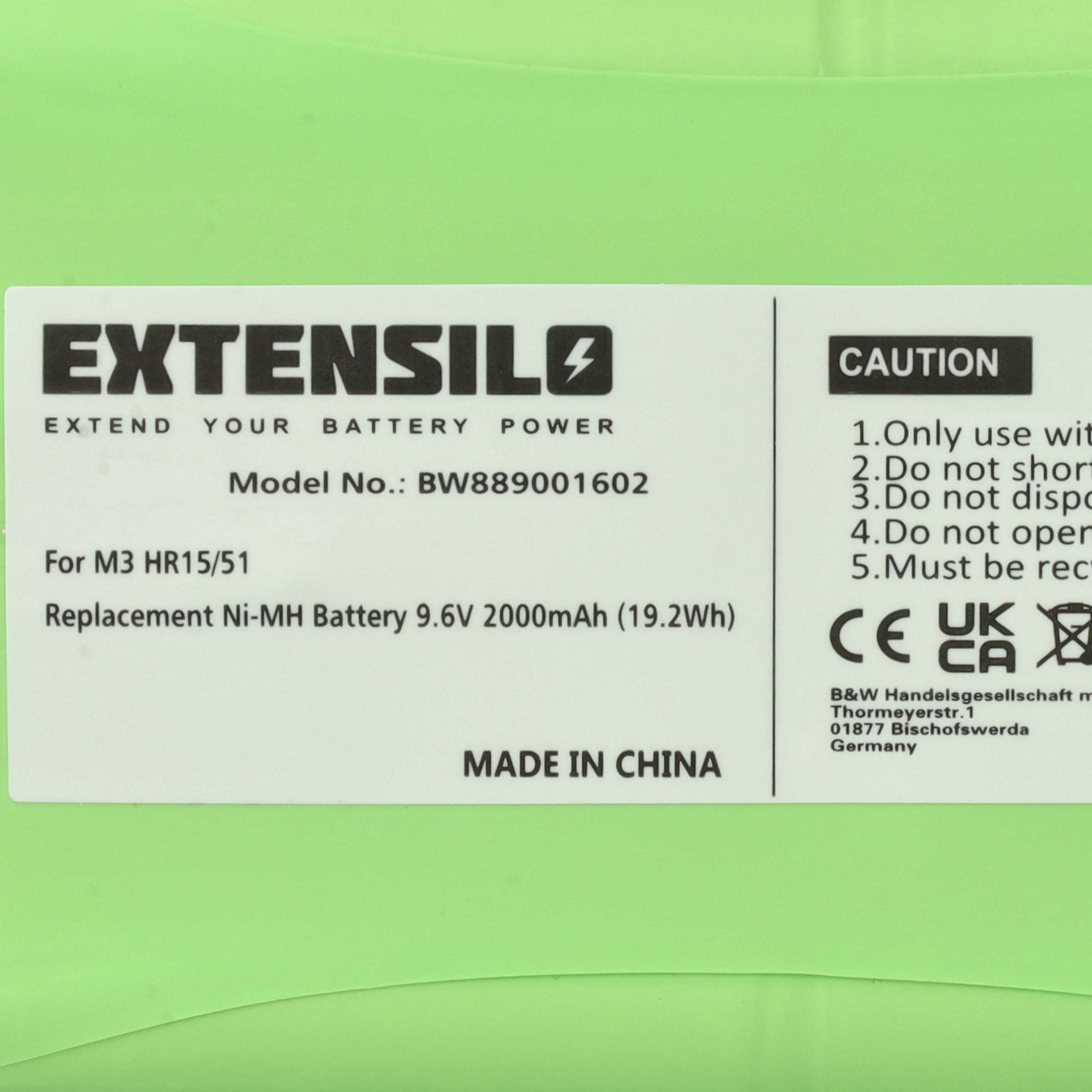 Grüner Akku mit weißem Etikett, Markenname Extensilo, Modellnummer BW889001602 und Warnhinweisen.