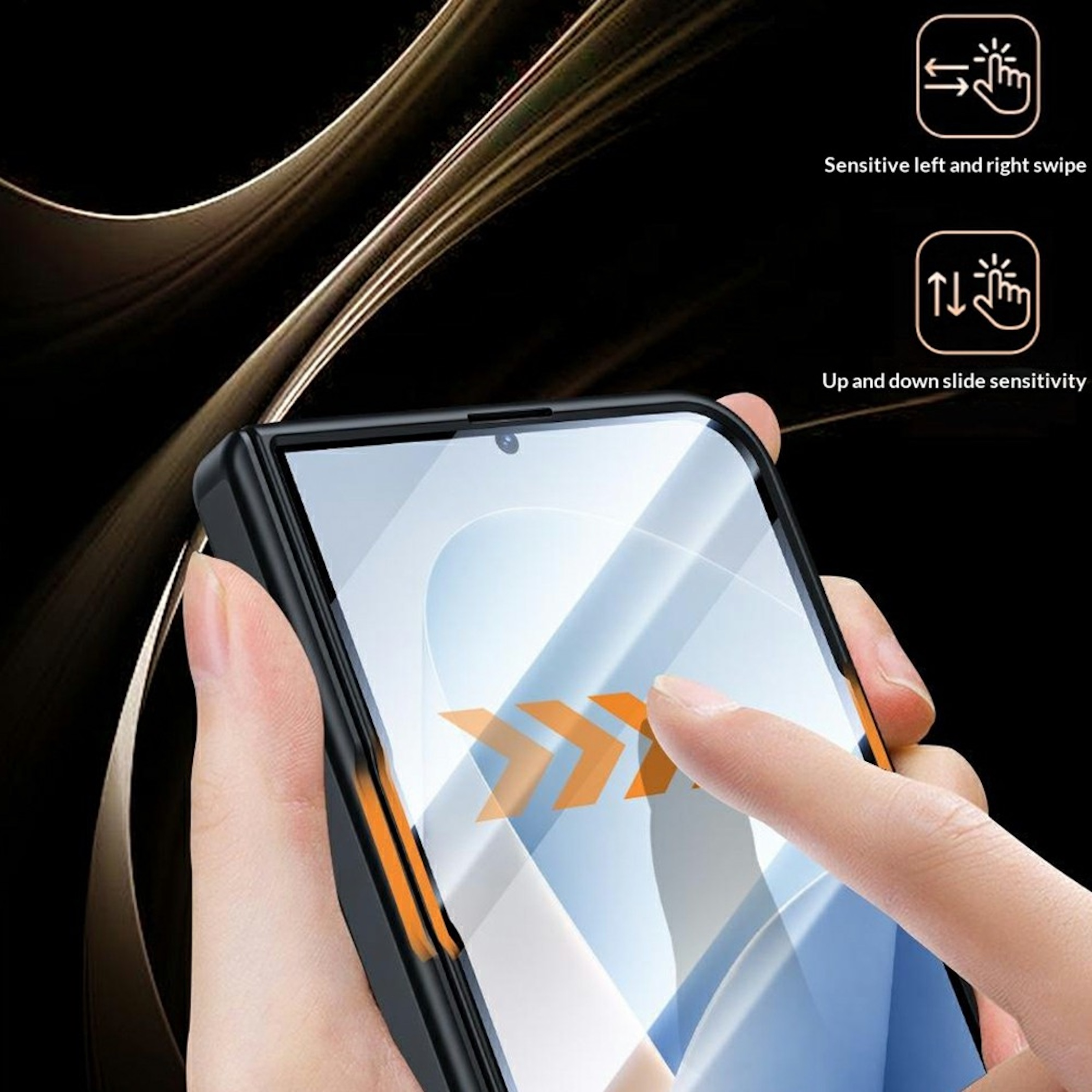 Hand hält Smartphone mit Bildschirmschutz, zeigt Wisch- und Gleitempfindlichkeit.