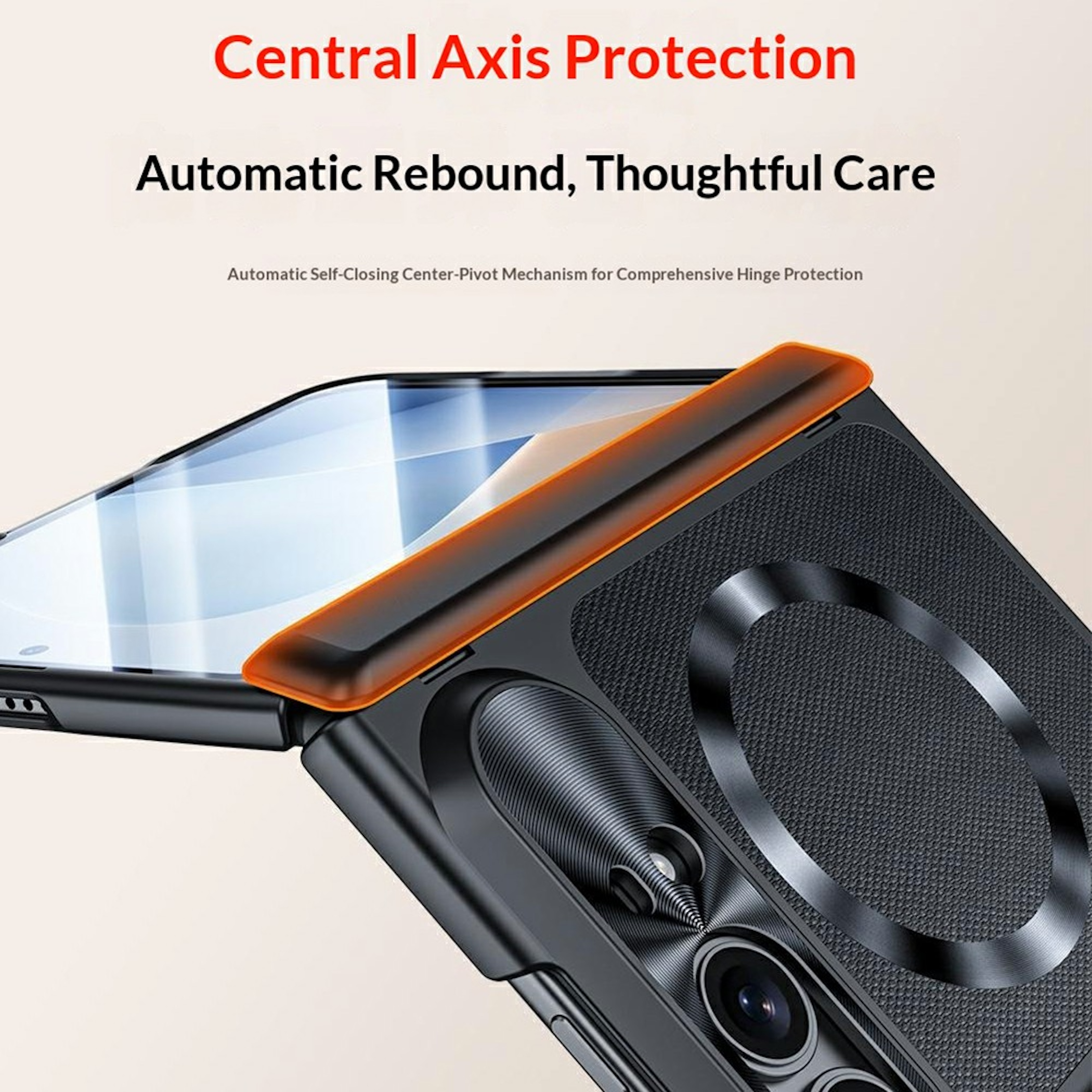 Eine schwarze faltbare Smartphone-Hülle mit orangefarbenem Scharnier und Kameramodul vor hellem Hintergrund.