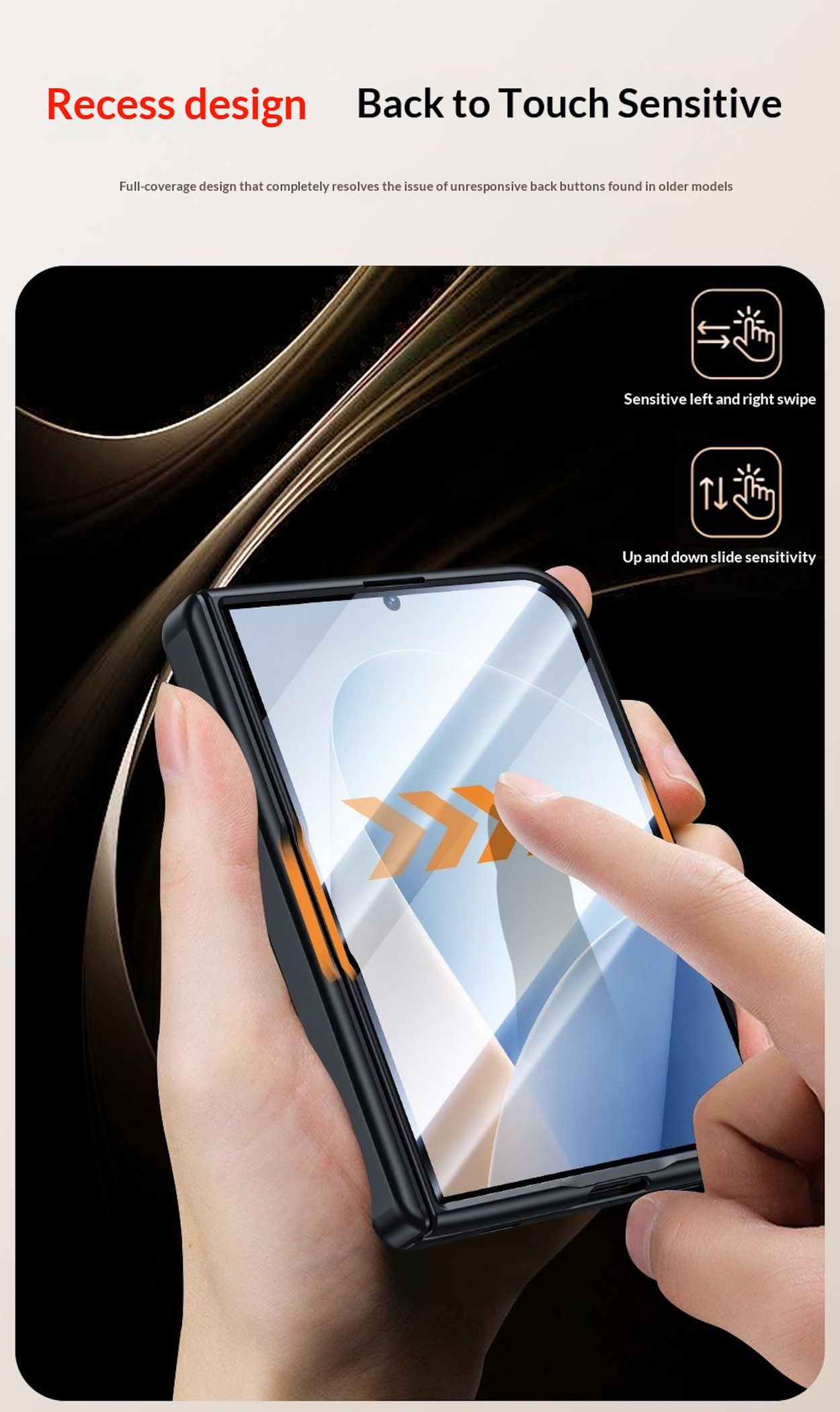Hand hält Smartphone mit Touch-Bedienung und Icons für Wischgesten.