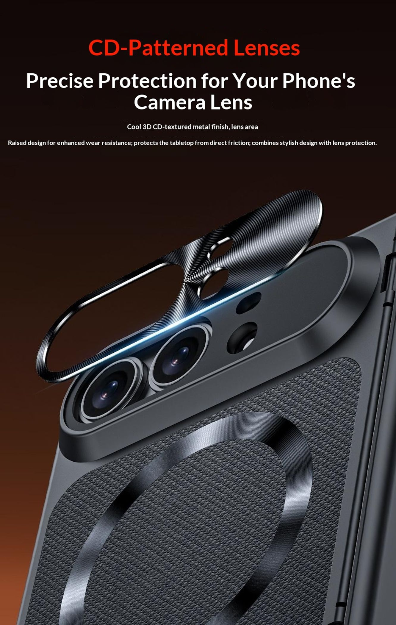 CD-gemusterter Metall-Linsenschutz auf der Rückseite eines schwarzen Smartphones.