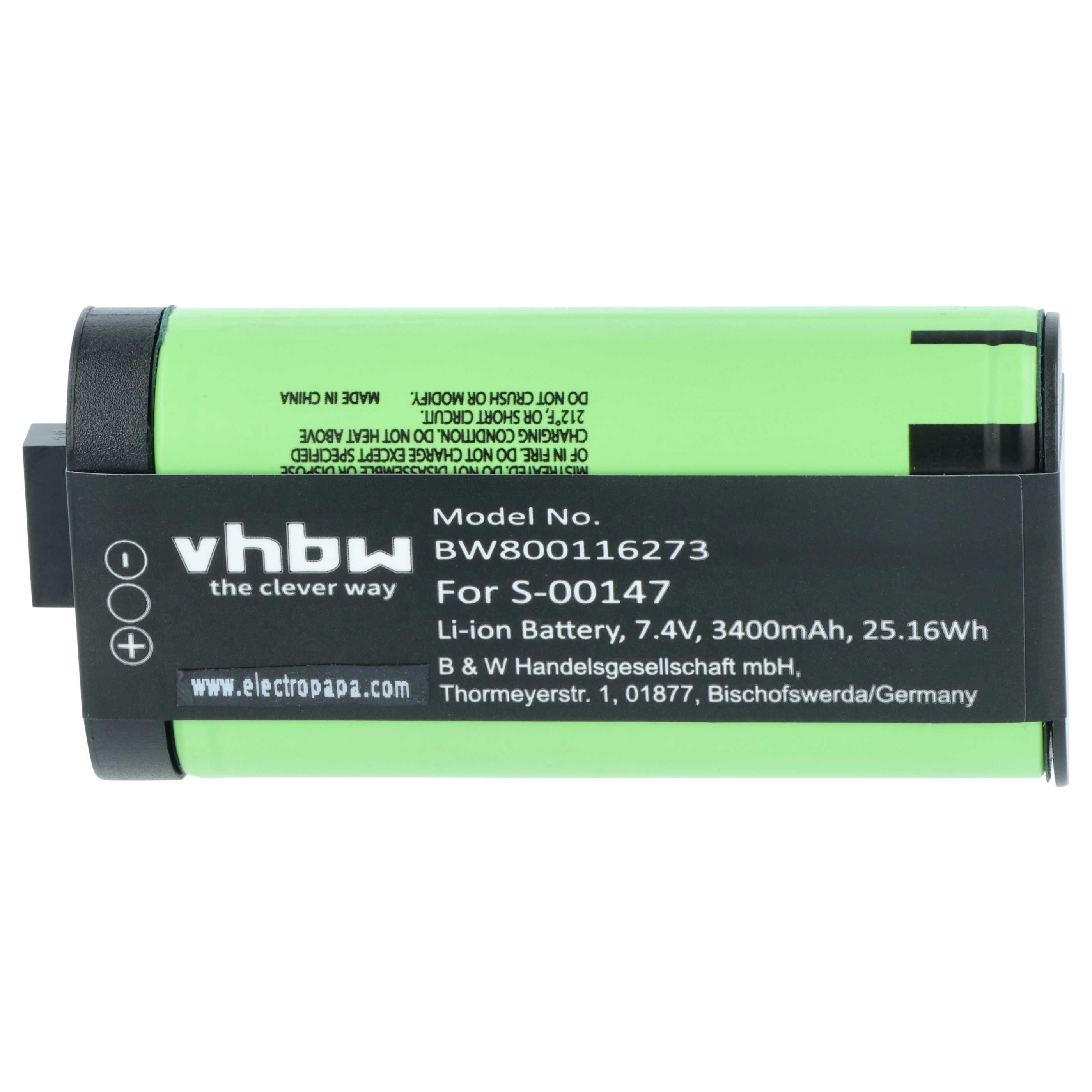 Grüner Li-Ion Akku vhbw 7,4V 3400mAh mit schwarzem Etikett und technischen Daten.