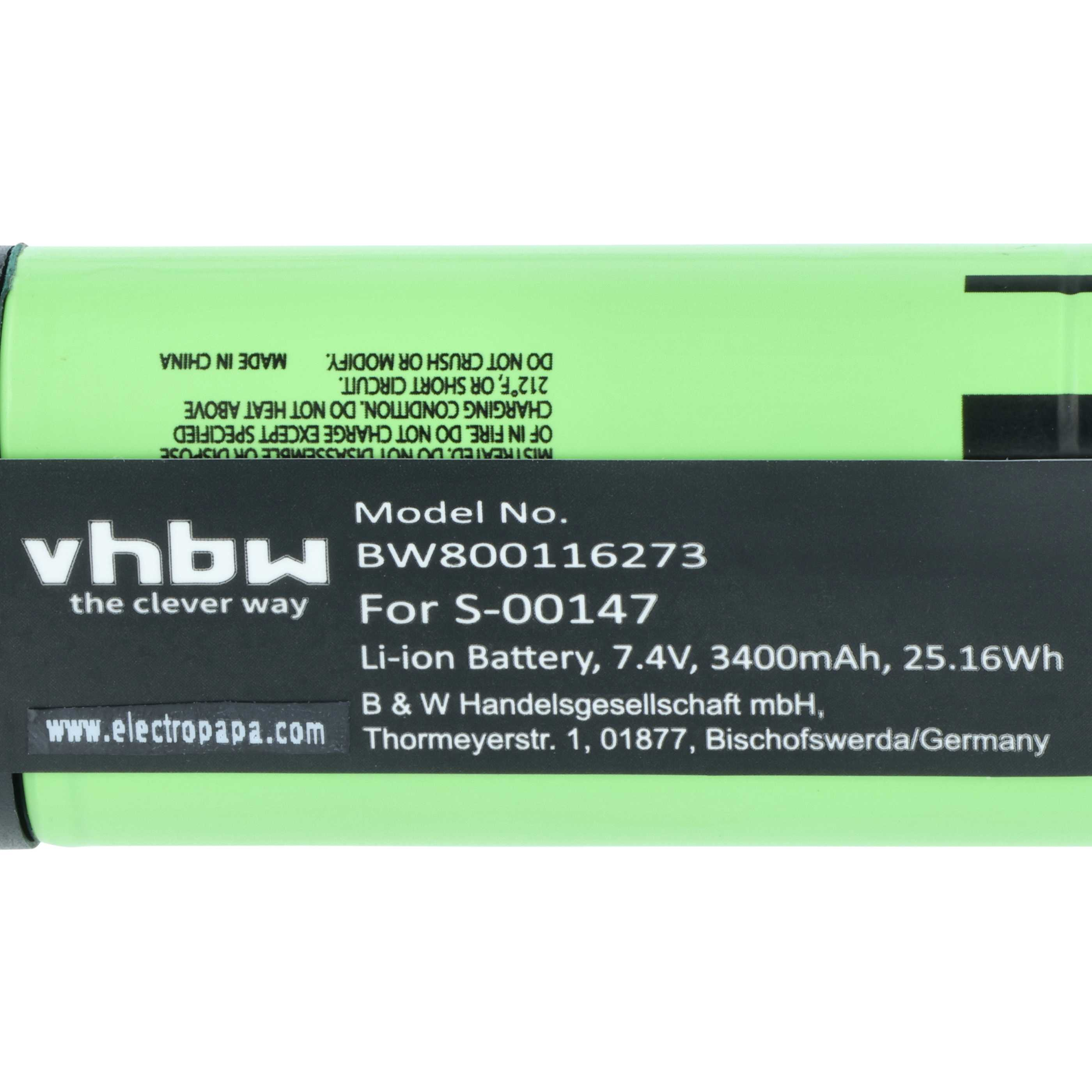 Grüne Li-Ionen-Batterie mit schwarzen Etikett, VHBW-Logo und technischen Daten.