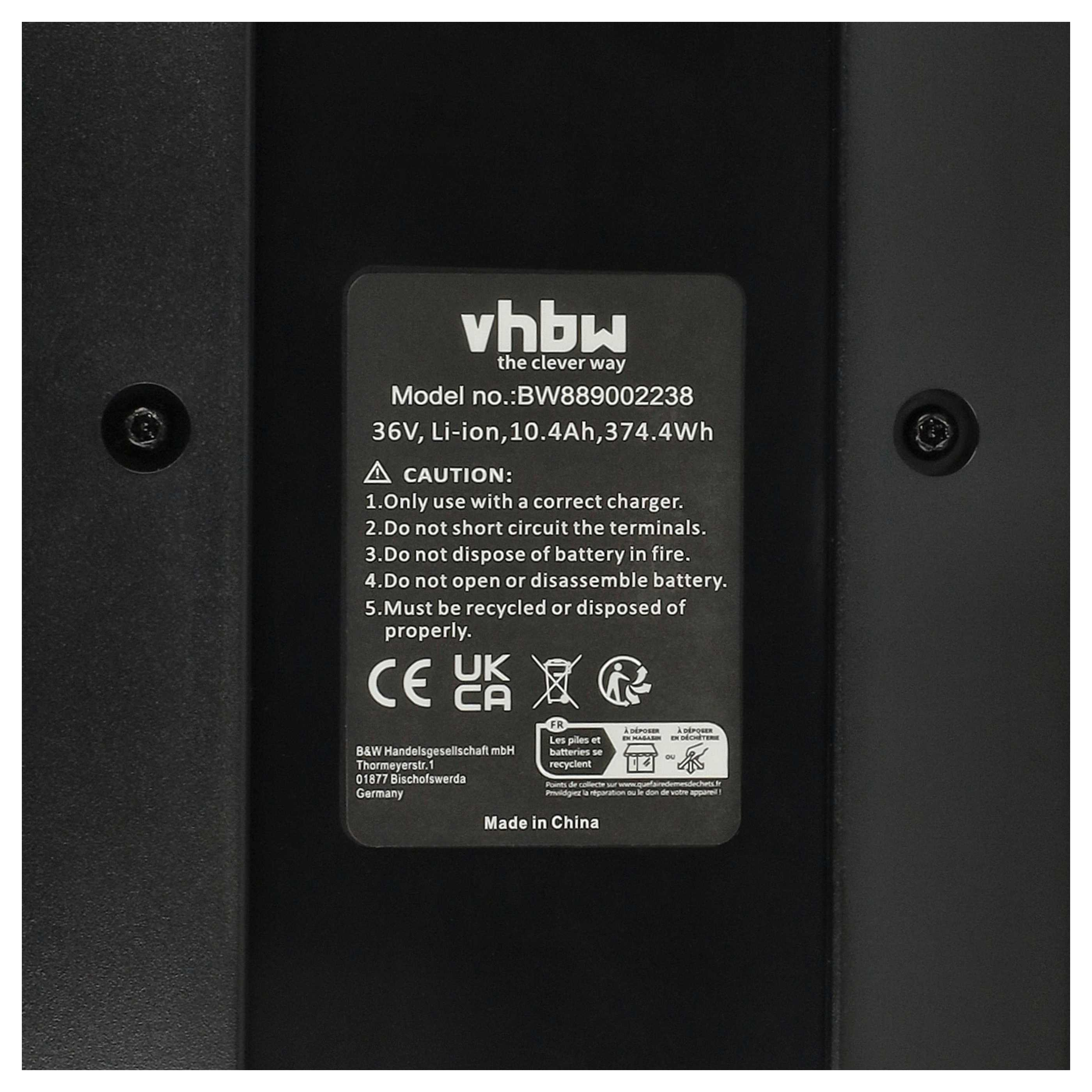 Aufkleber auf einem schwarzen Akku mit Vhbw-Logo, Modellnummer, technischen Daten und Sicherheitshinweisen.