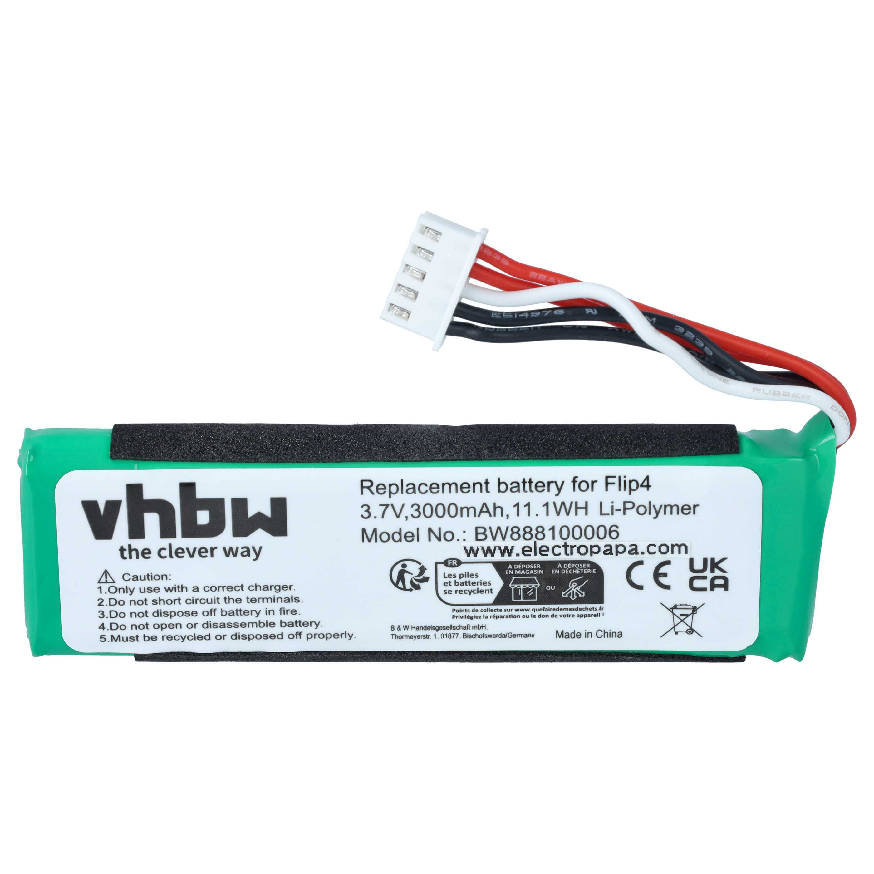 Grüner vhbw Ersatzakku mit weißem Etikett, technischen Daten, Sicherheitshinweisen und Kabel mit Stecker.