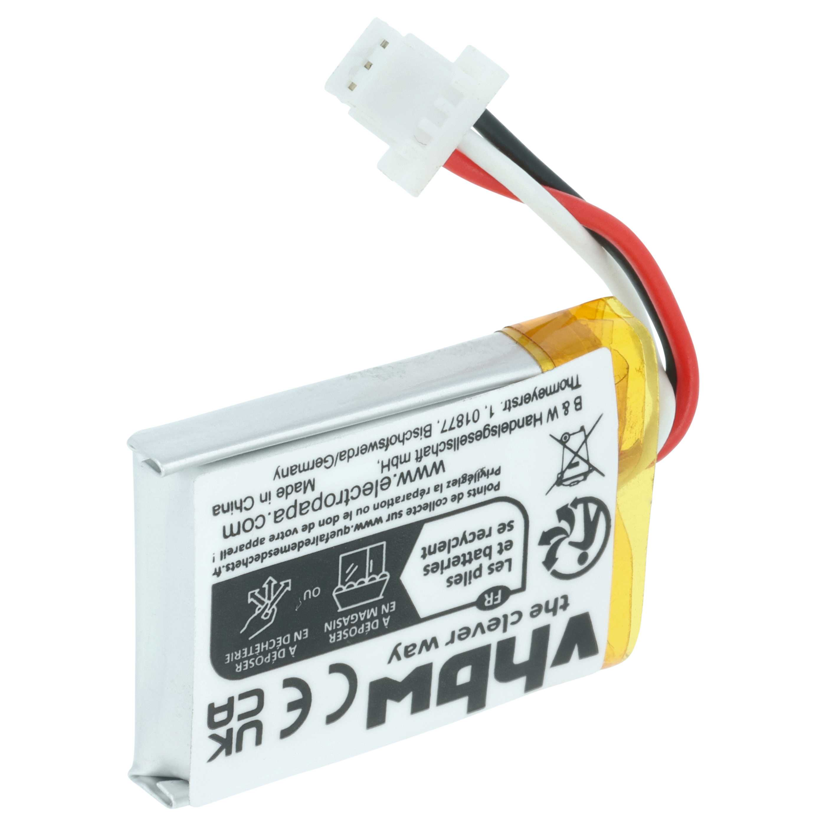 Ein kleiner wiederaufladbarer Lithium-Akku mit weißem Stecker und rot-schwarz-weißen Kabeln vor weißem Hintergrund.