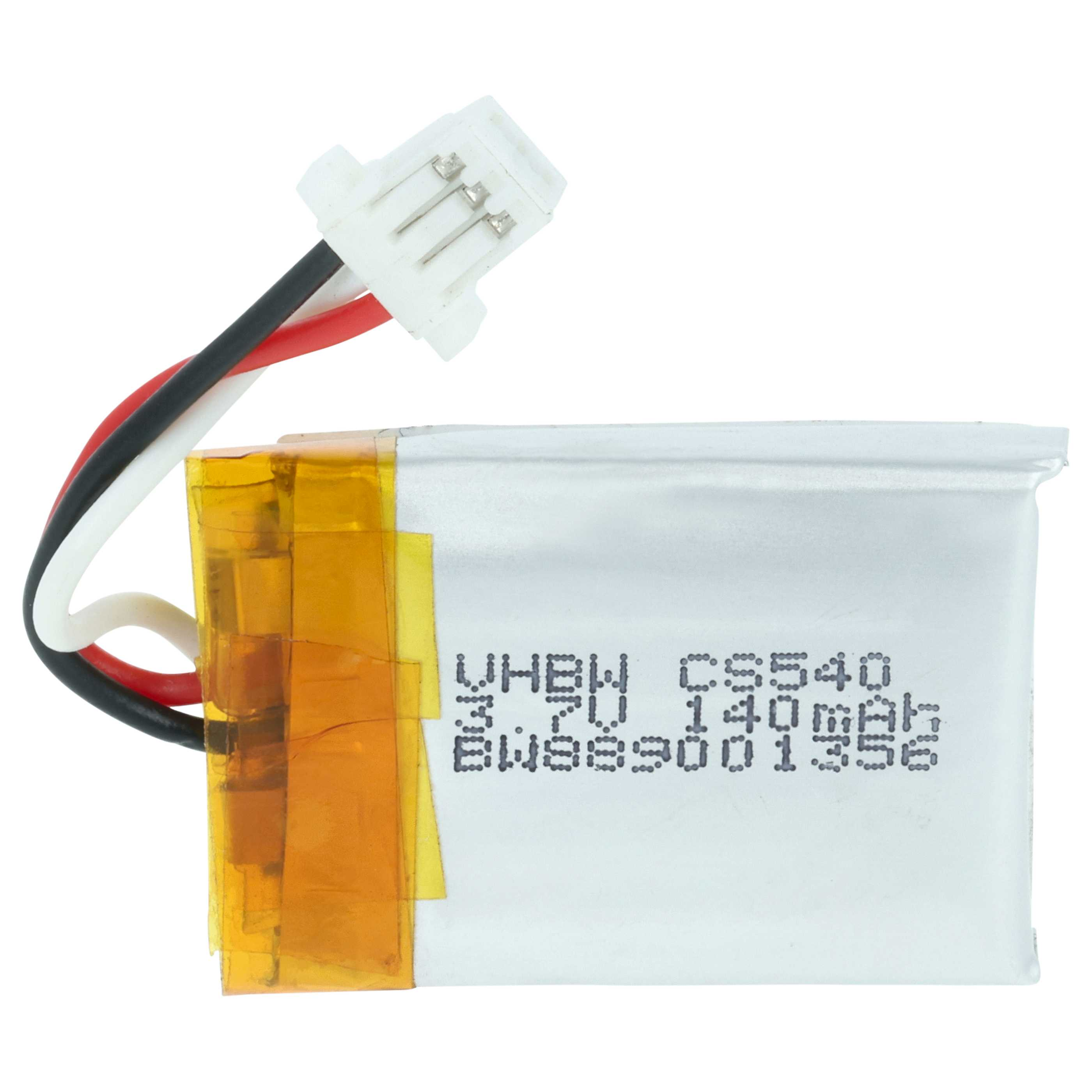 Eine kleine silberne Lithium-Polymer-Batterie mit weißem Stecker und schwarzem, rotem und weißem Kabel.