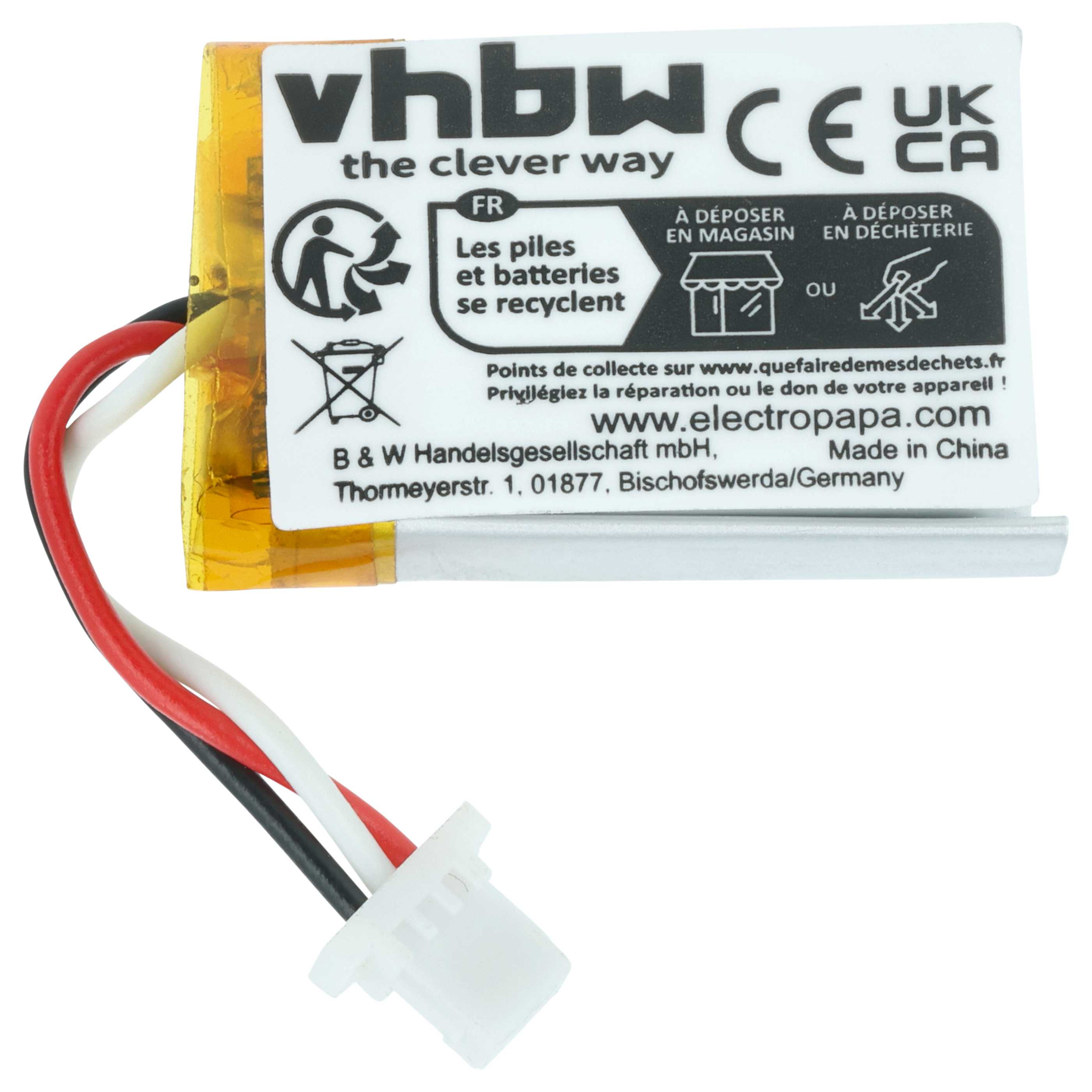 Eine kleine rechteckige Batterie mit rotem, schwarzem und weißem Kabel und einem weißen Stecker.