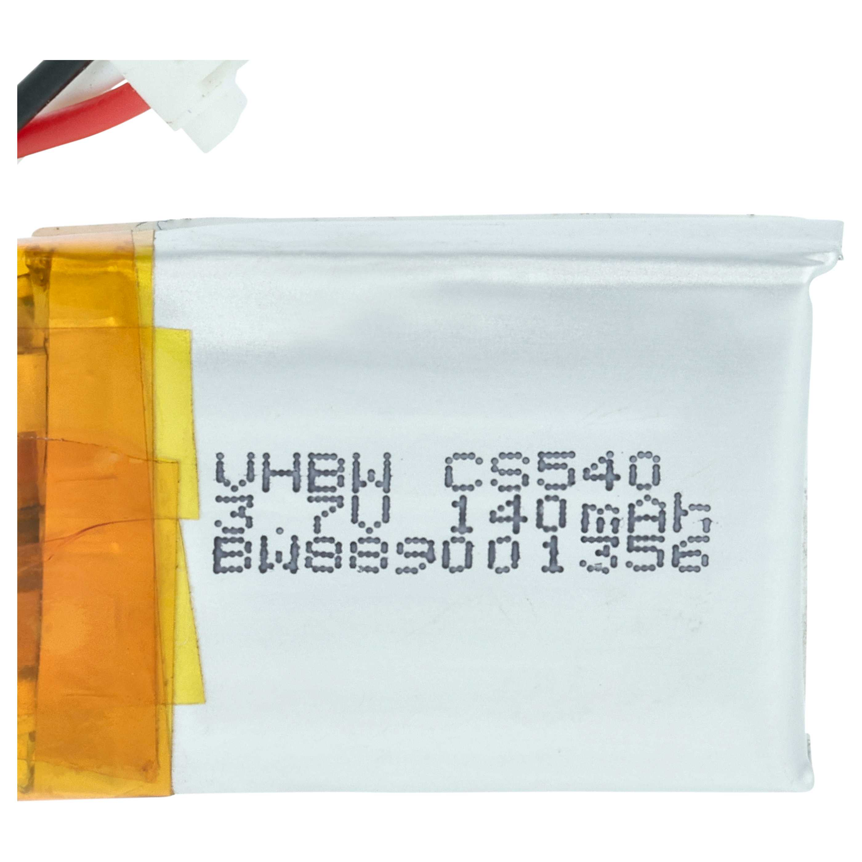 Eine rechteckige, silberne LiPo-Batterie mit gelbem Klebeband an der Seite und aufgedruckten technischen Daten.