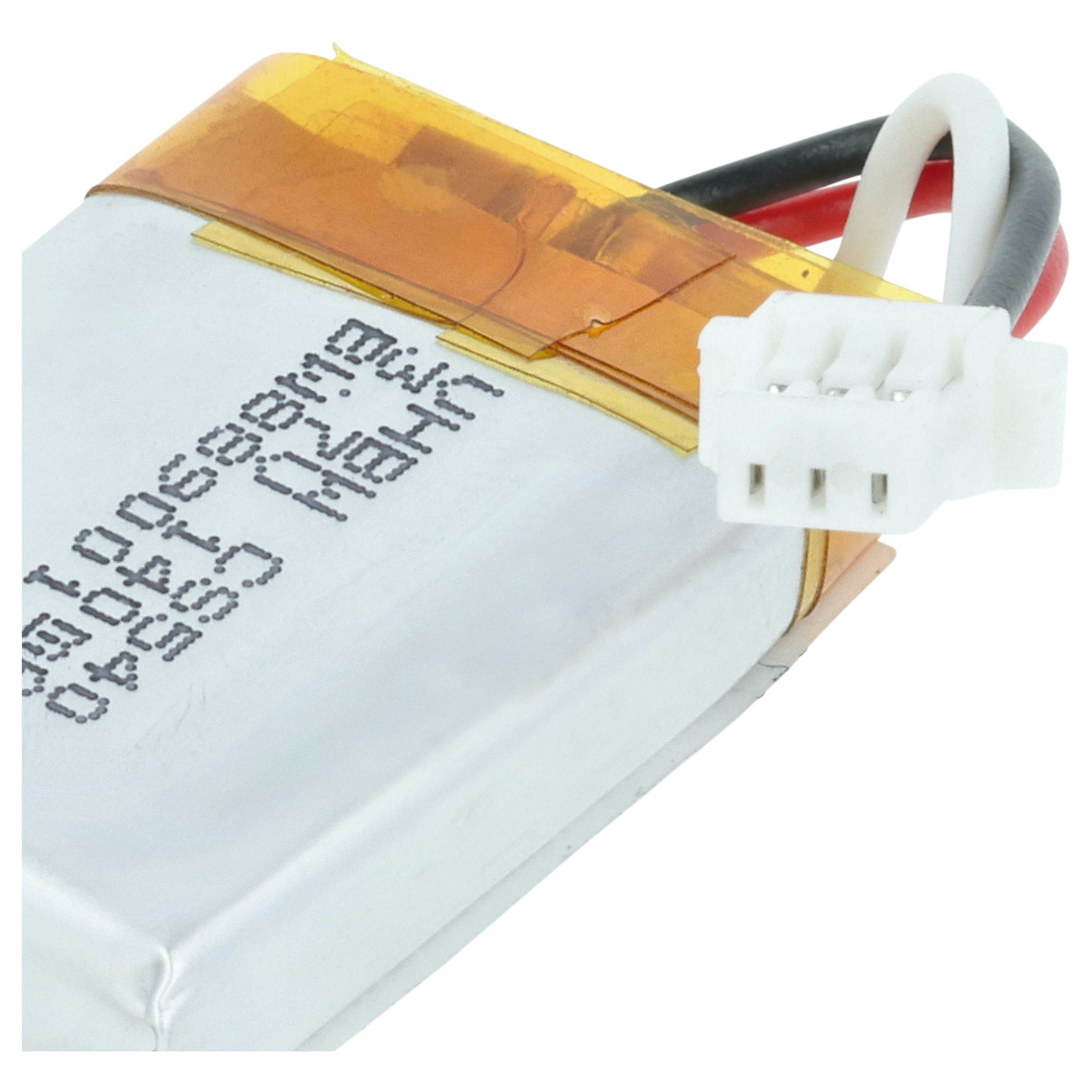 Eine kleine Lithium-Ionen-Batterie mit gelbem Klebeband, roten, schwarzen und weißen Drähten und einem weißen Stecker.