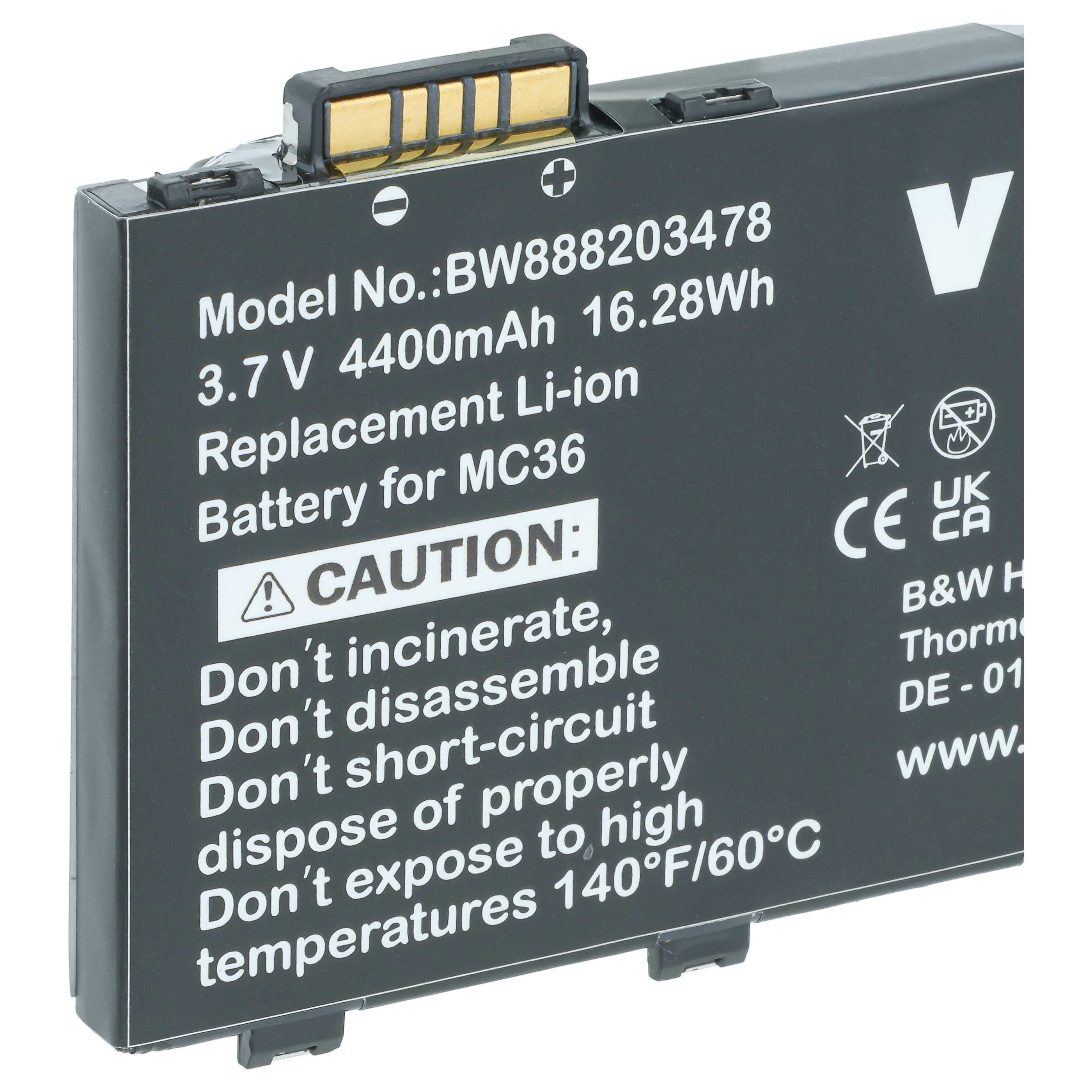 Schwarze Li-Ionen-Ersatzbatterie mit Modellnummer und Warnhinweisen.