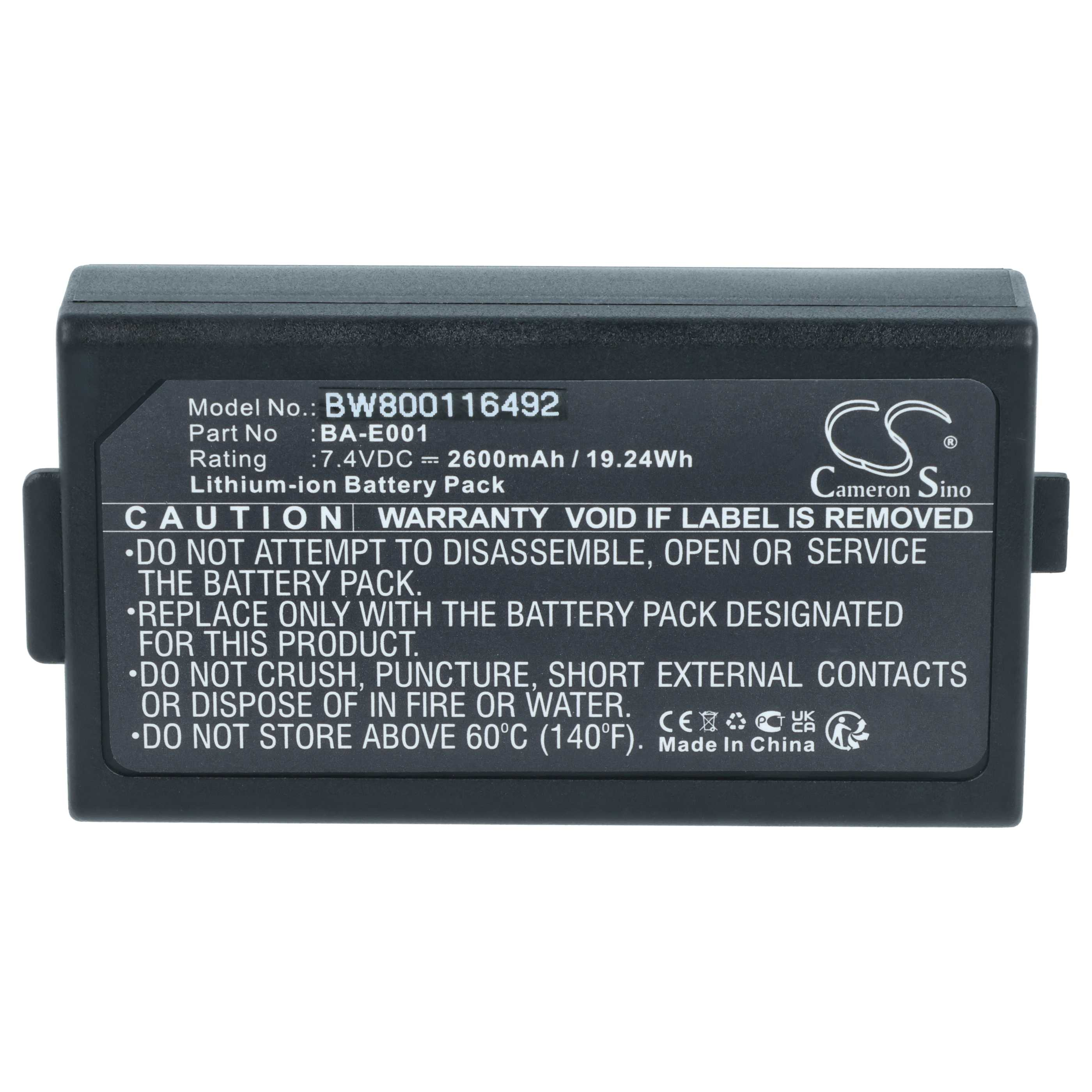 Schwarzer Lithium-Ionen-Akku mit Warnhinweisen und technischen Daten auf dem Etikett.
