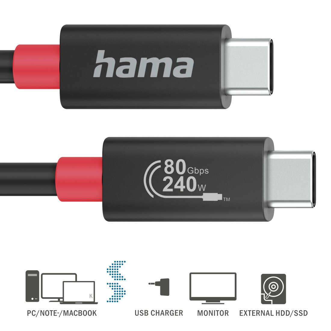 Dwa złącza USB-C Hama z czerwonymi akcentami i ikonami na dole.