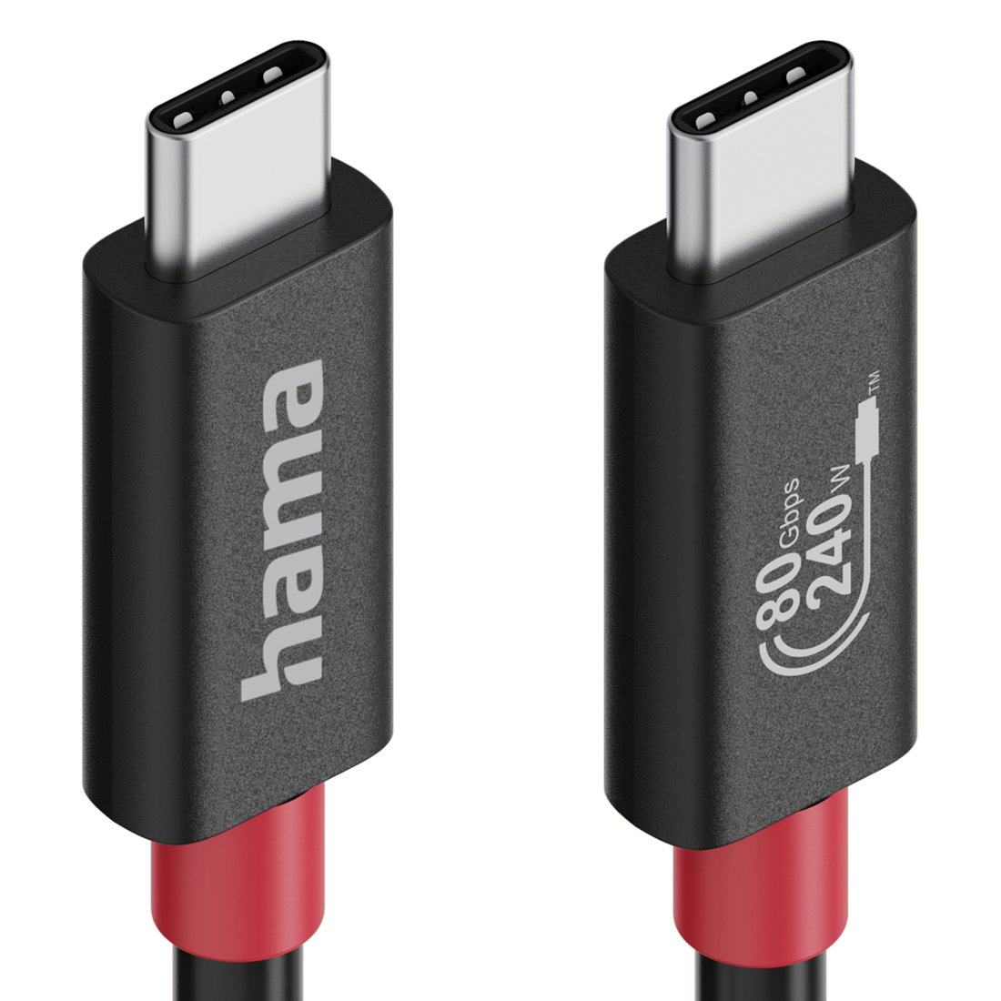 Dwa czarne złącza USB-C z czerwoną podstawą i logo Hama na białym tle.