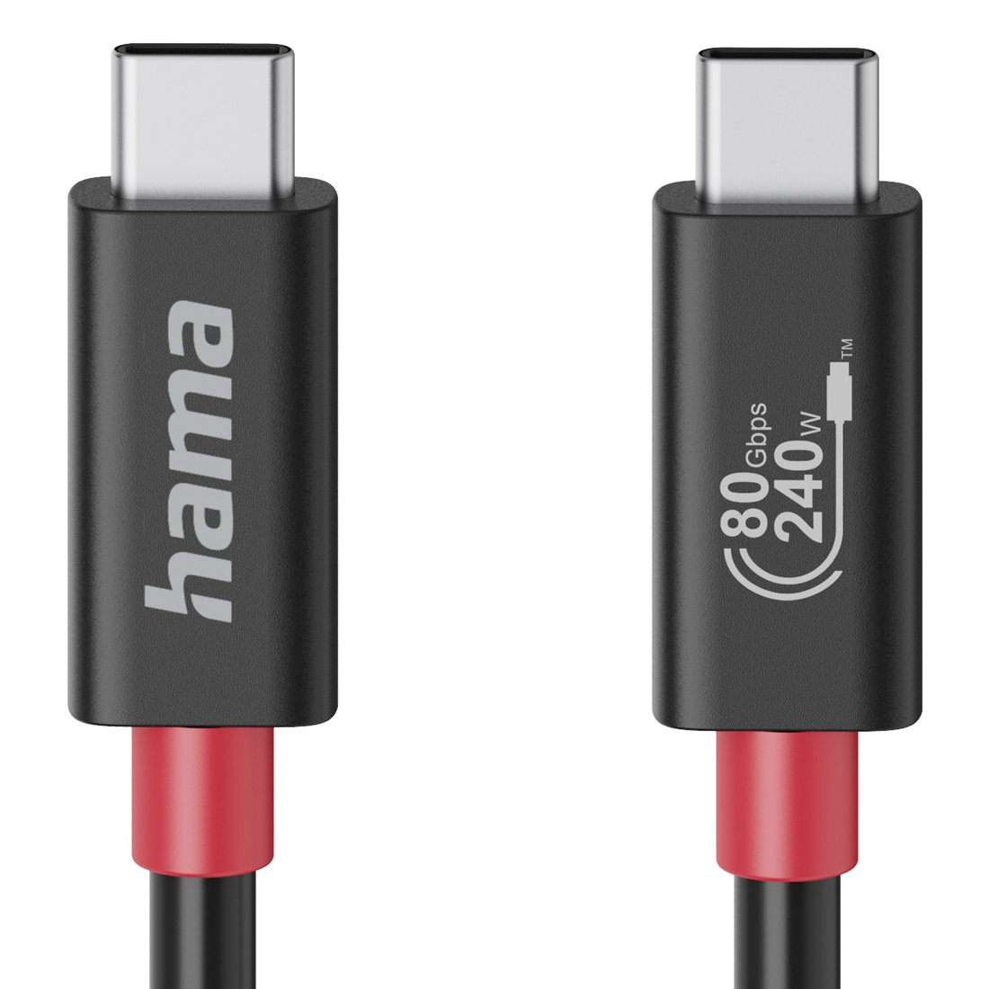 Dwa czarne wtyki kabla USB-C z czerwonymi pierścieniami. Jeden ma markę Hama, drugi pokazuje 80Gbps 240W.