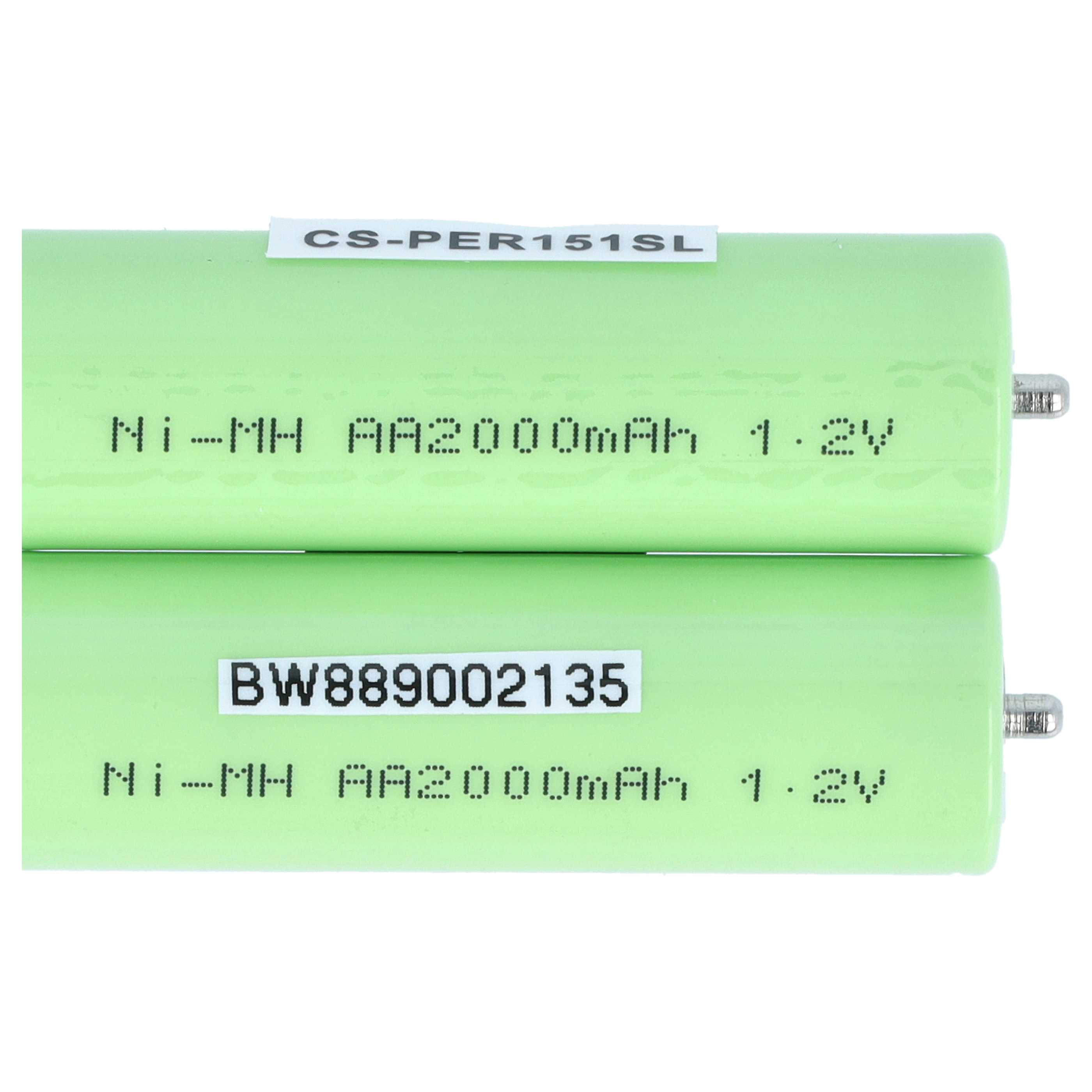 Zwei grüne Ni-MH AA-Akkus mit 2000mAh und 1,2V, mit aufgedruckten Texten und kleinen Aufklebern.