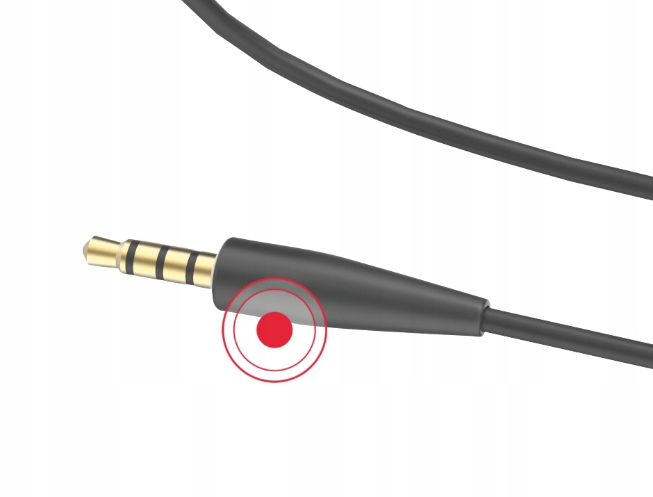 Wtyk audio jack 3,5 mm z czerwonym punktem skupienia na obudowie.