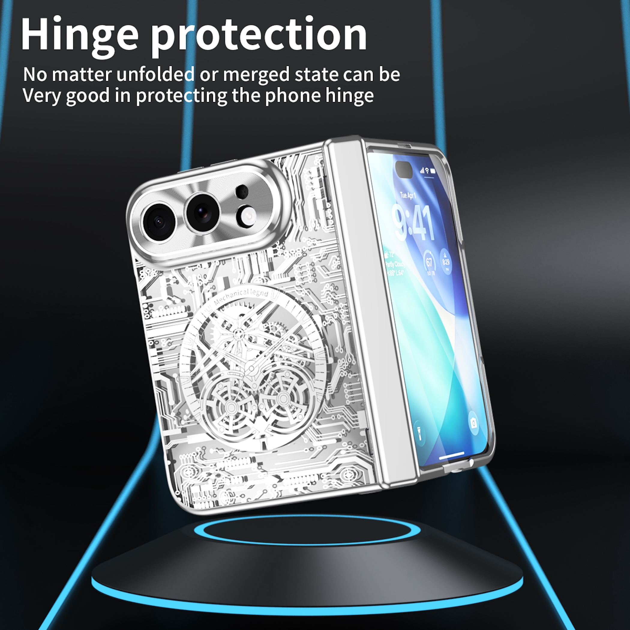 Klapptelefon mit silberner Schutzhülle und Zahnrad-Technikdesign auf dunklem Hintergrund mit blauen Linien.