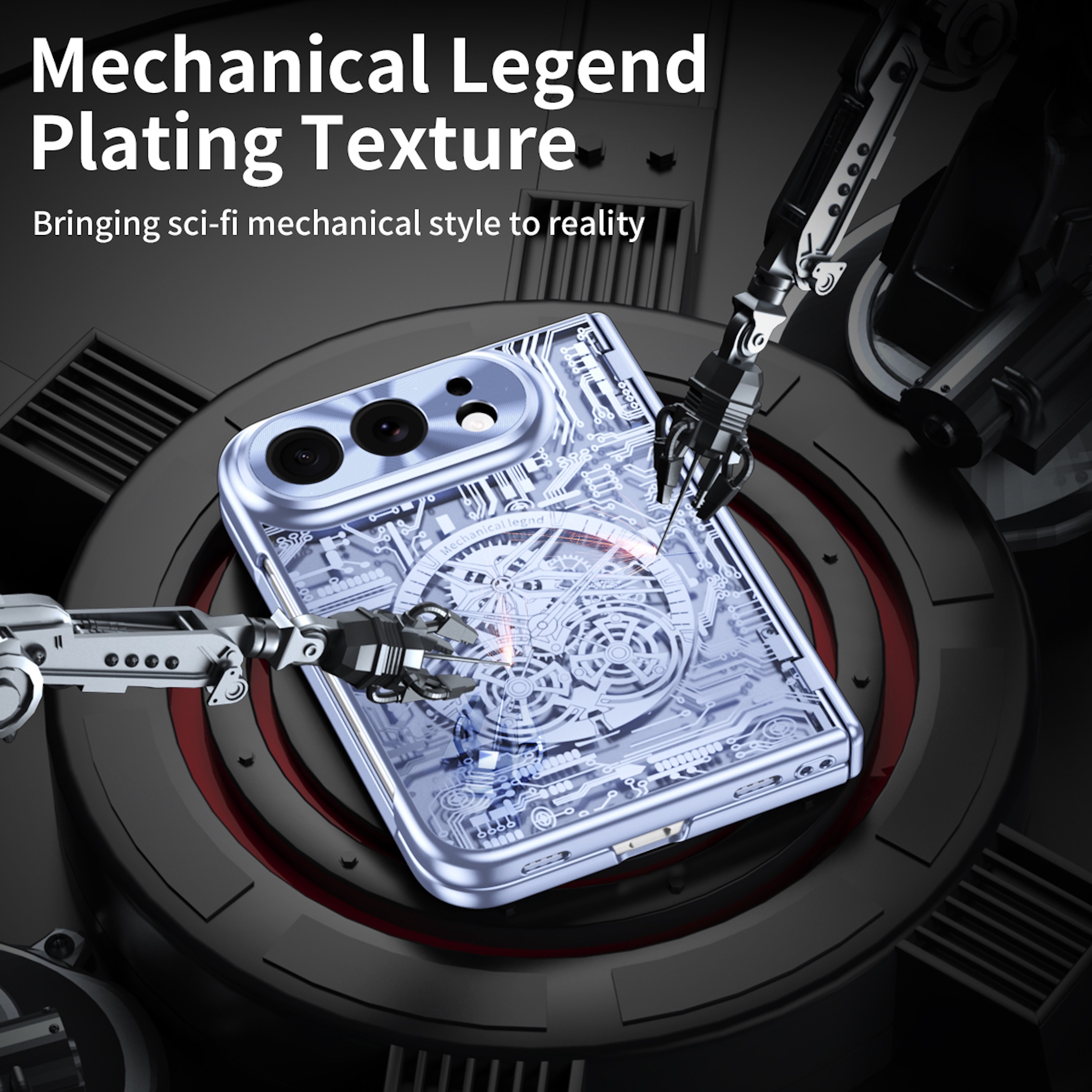 Mechanisches Smartphone-Case mit Plating-Textur, bearbeitet von Roboterarmen auf schwarzem Hintergrund.